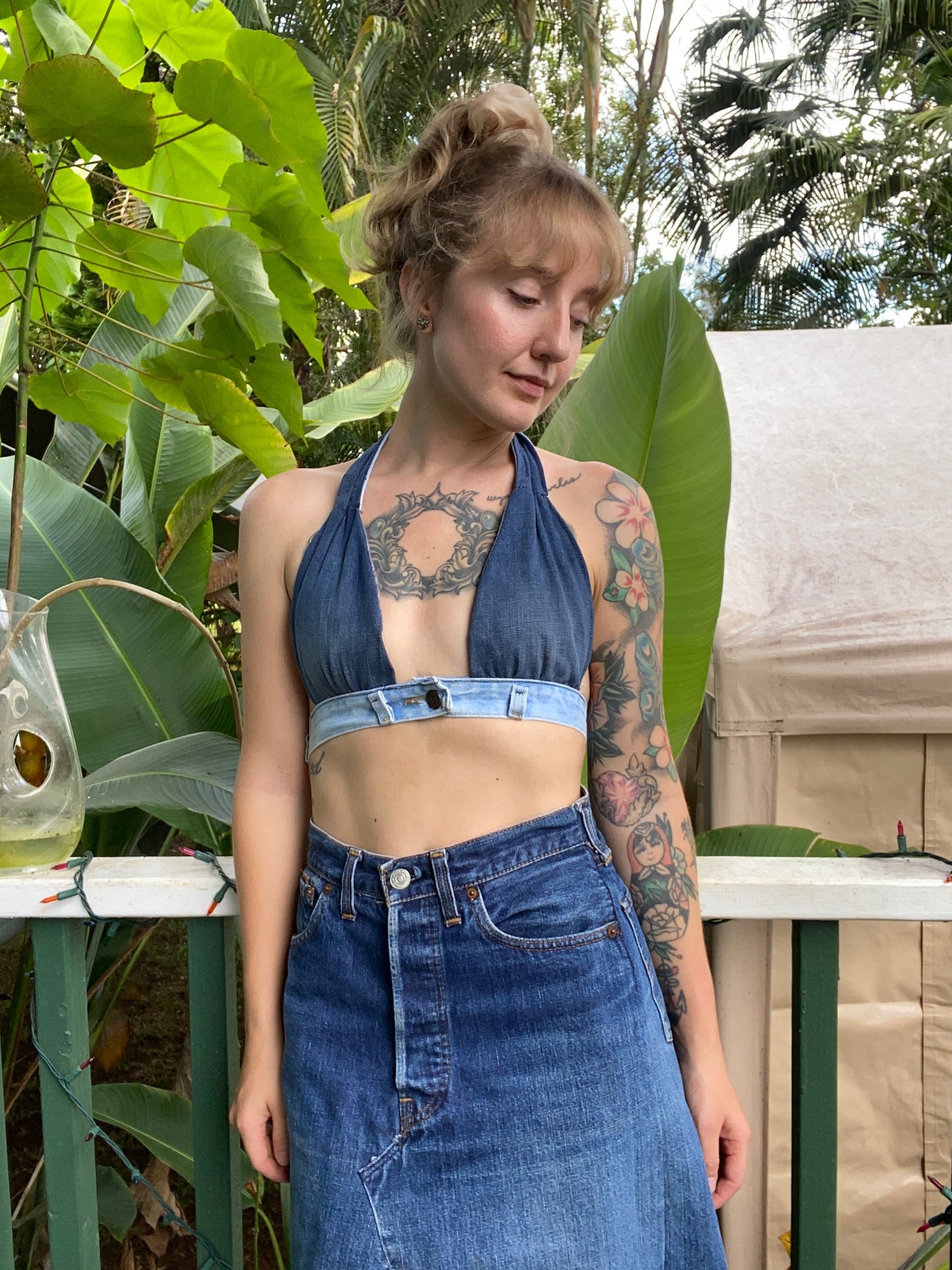 Hand made 1970s style denim halter top bra xs