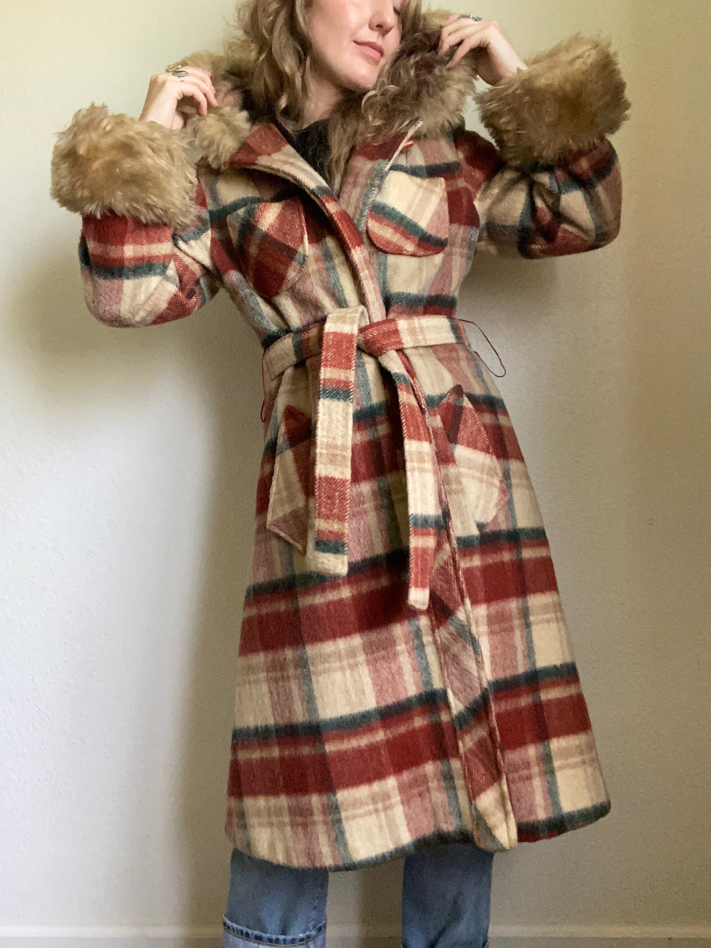 1970s Wool Hooded Plaid Princess Coat