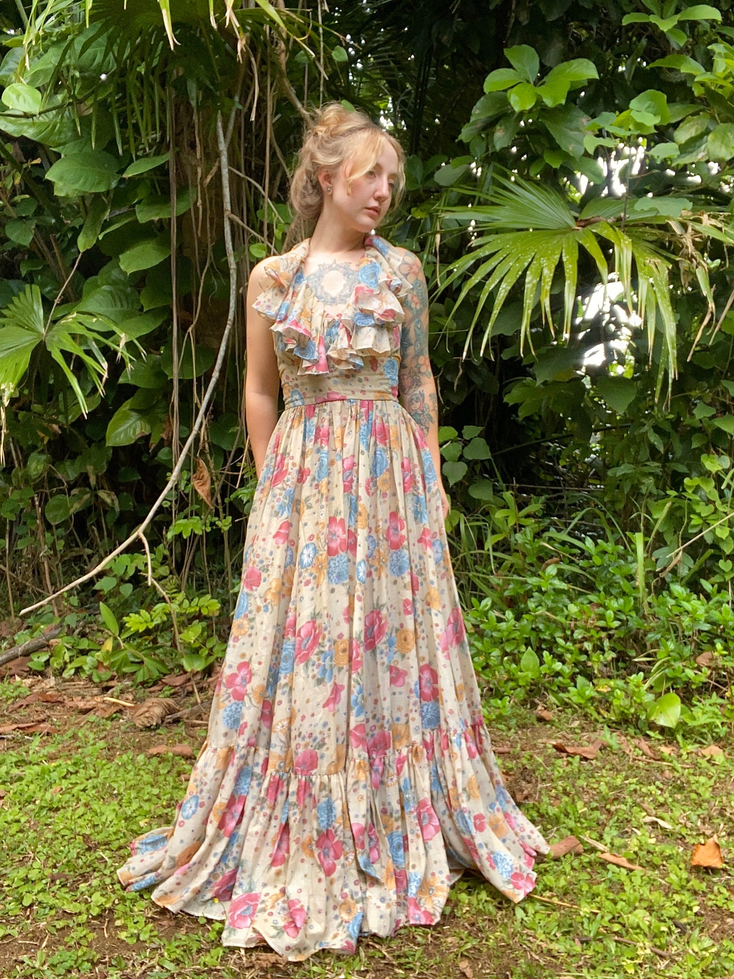 1970s ‘Denise Are There’ Floral Gauze Halter Dress