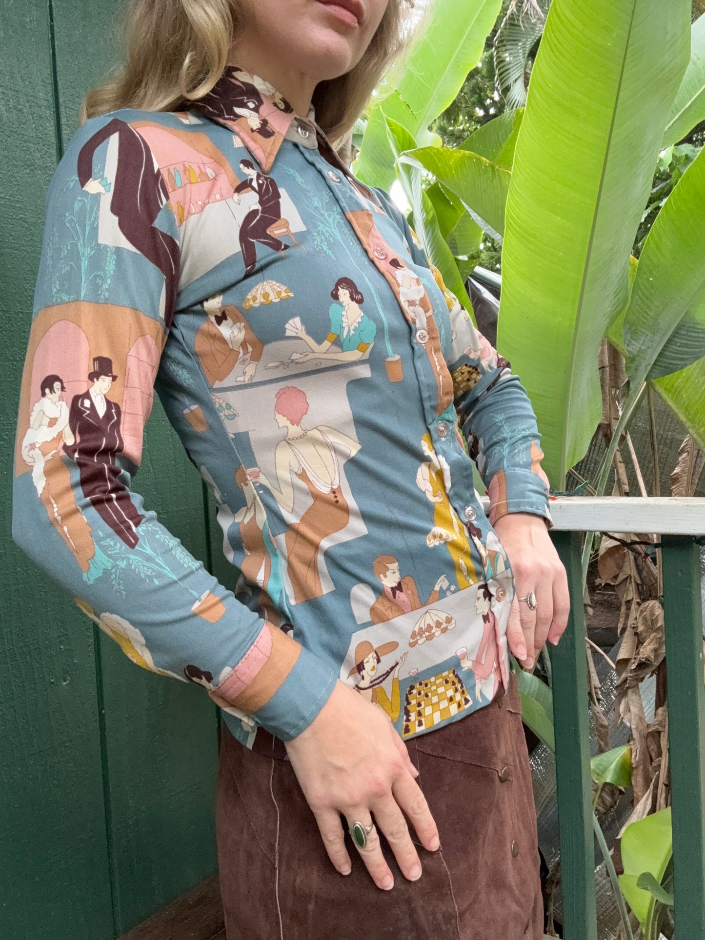 1970s Nylon Bar Scene Novelty Button up blouse Small