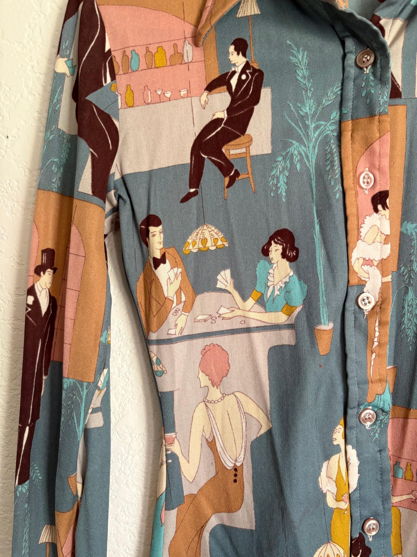 1970s Nylon Bar Scene Novelty Button up blouse Small