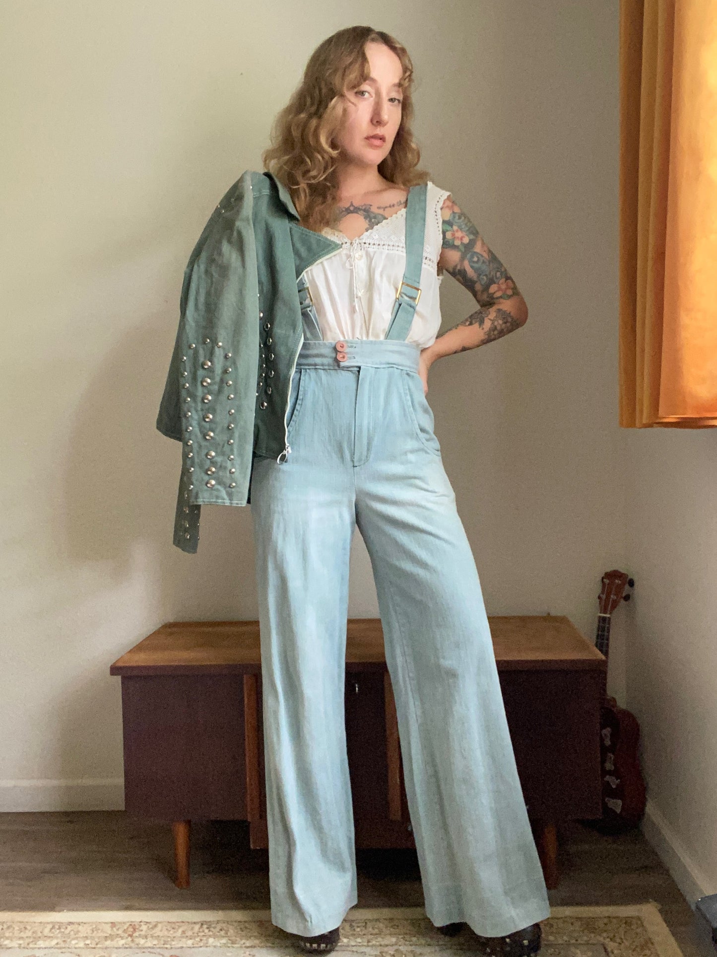 1970s Green Denim Suspender Bellbottom jumpsuit