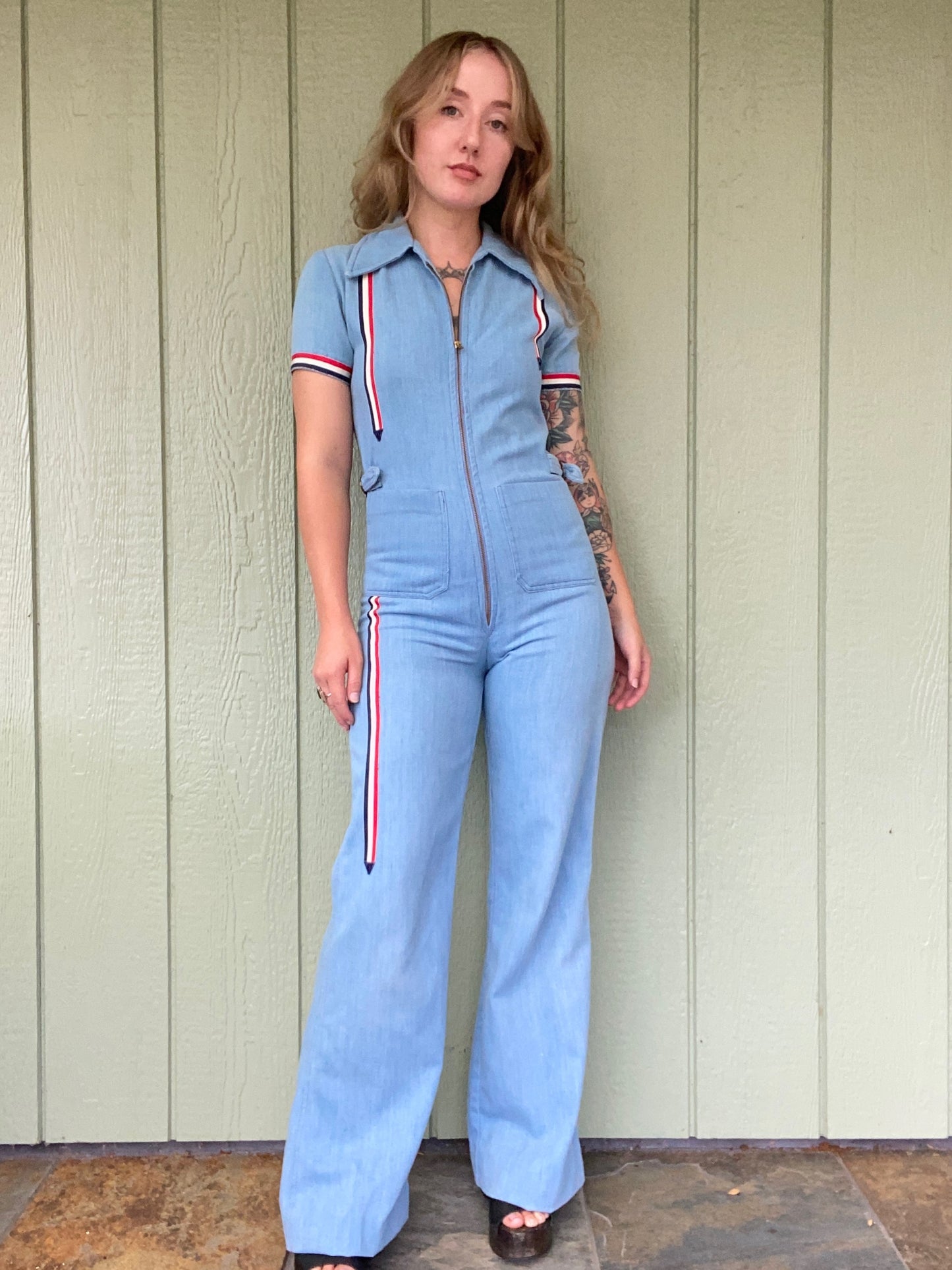 1970s Racing Stripe Denim Jumpsuit