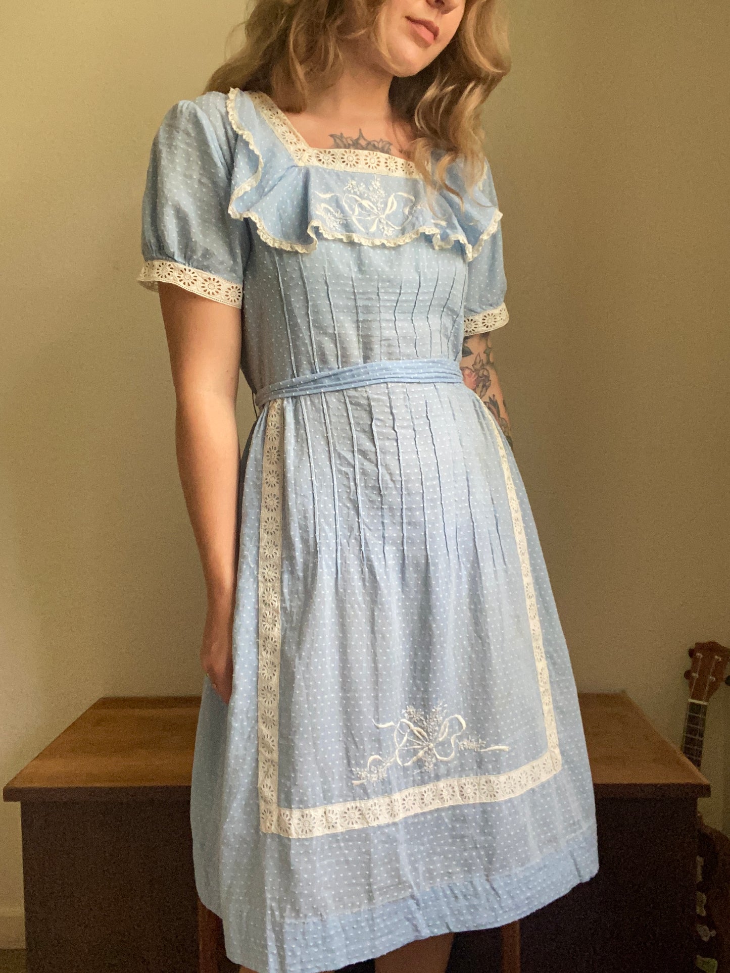 1930s / 1940s Blue Swiss dot embroidered cotton day dress