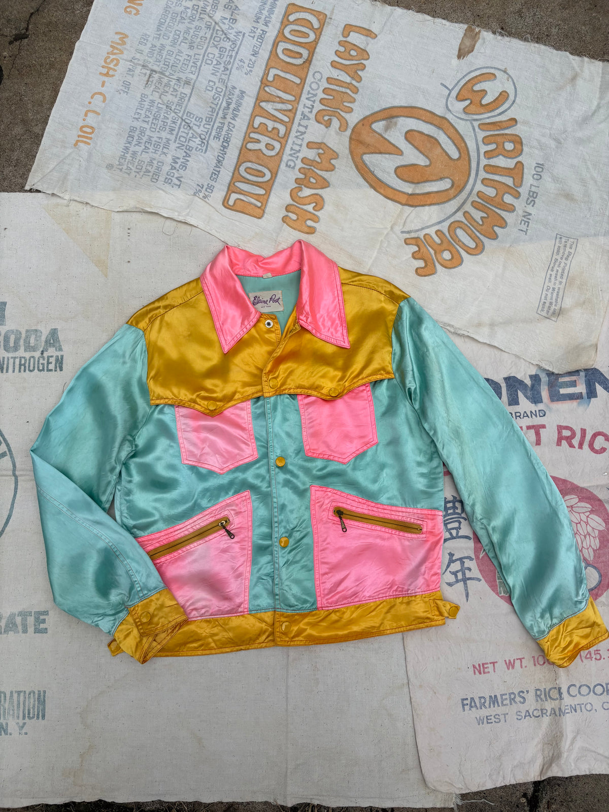 1960s 1970s Elaine Post Satin Colorblock Motorcycle Jacket Large