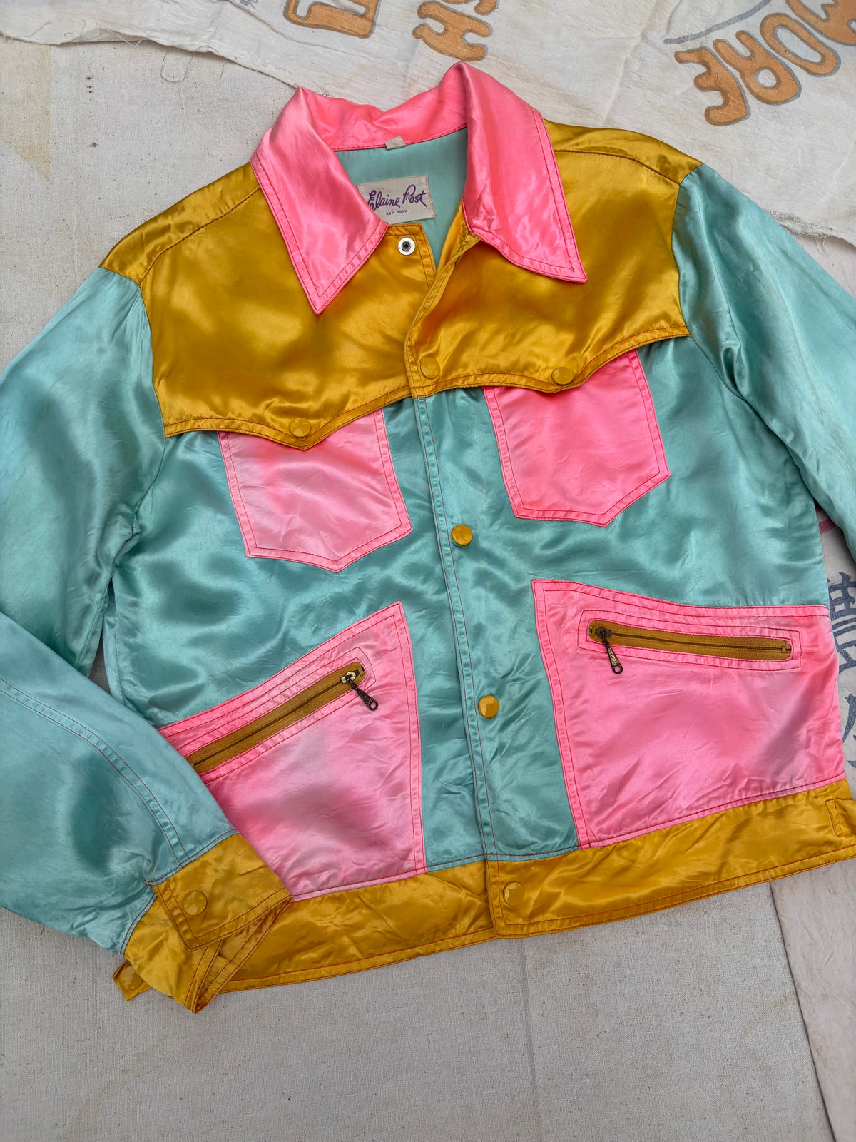 1960s 1970s Elaine Post Satin Colorblock Motorcycle Jacket Large