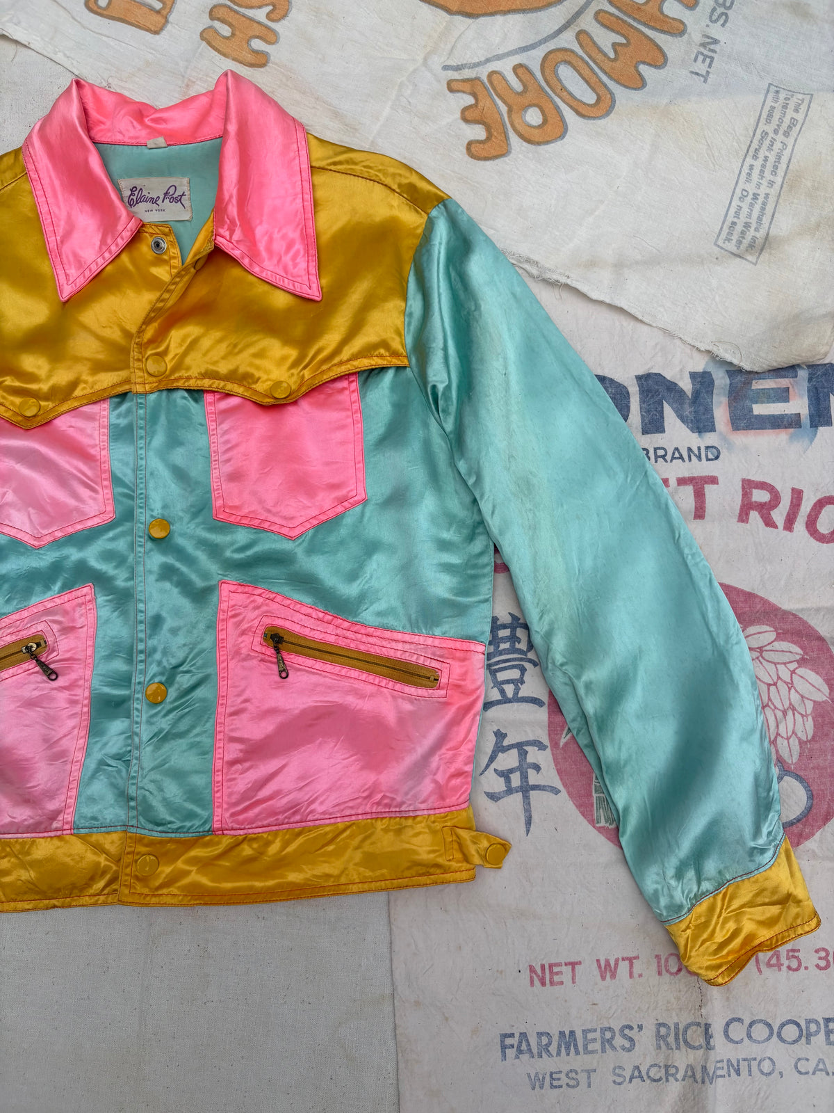 1960s 1970s Elaine Post Satin Colorblock Motorcycle Jacket Large