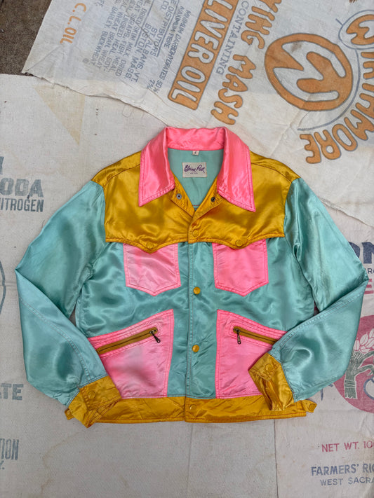 1960s 1970s Elaine Post Satin Colorblock Motorcycle Jacket Large