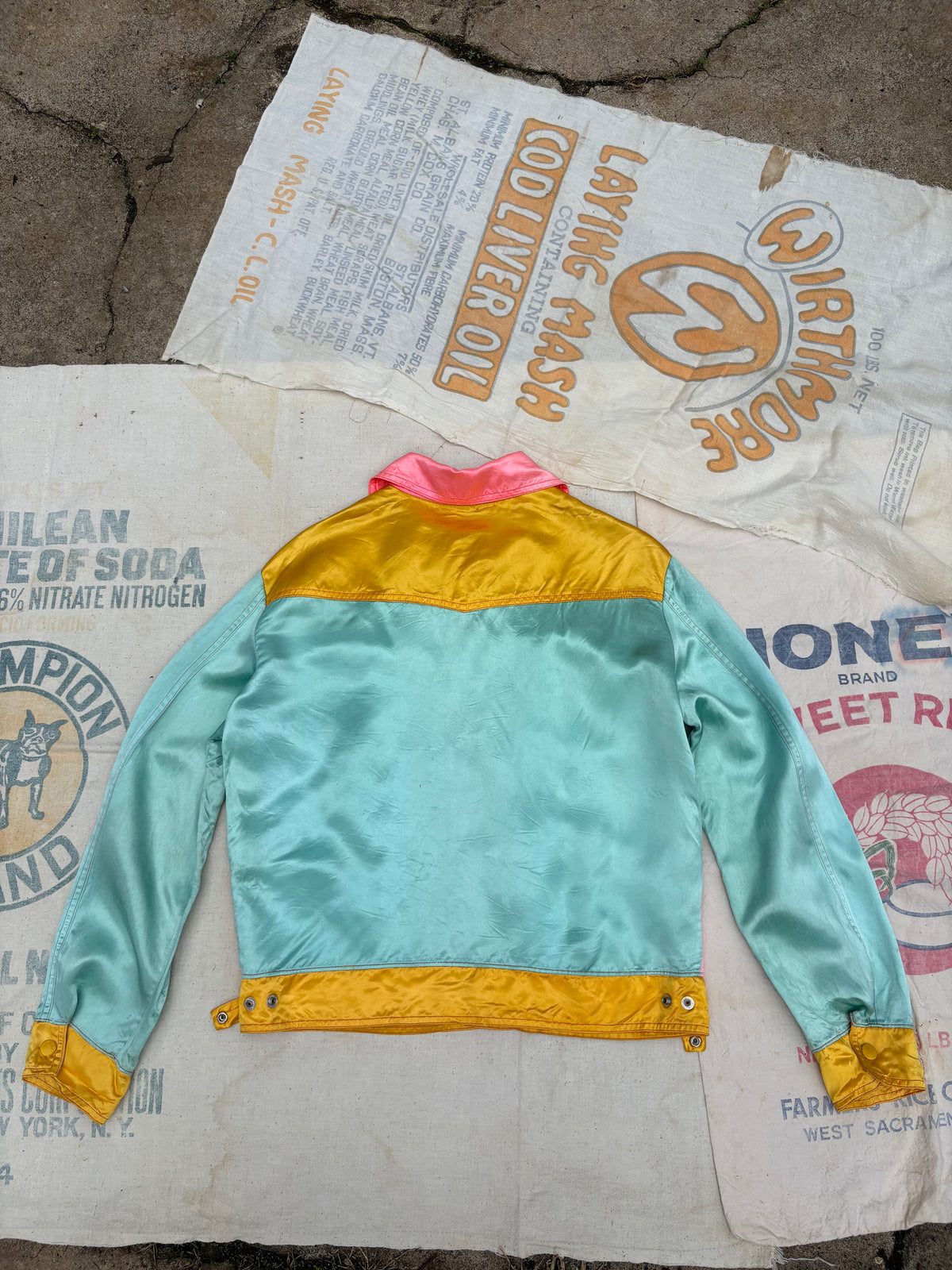 1960s 1970s Elaine Post Satin Colorblock Motorcycle Jacket Large