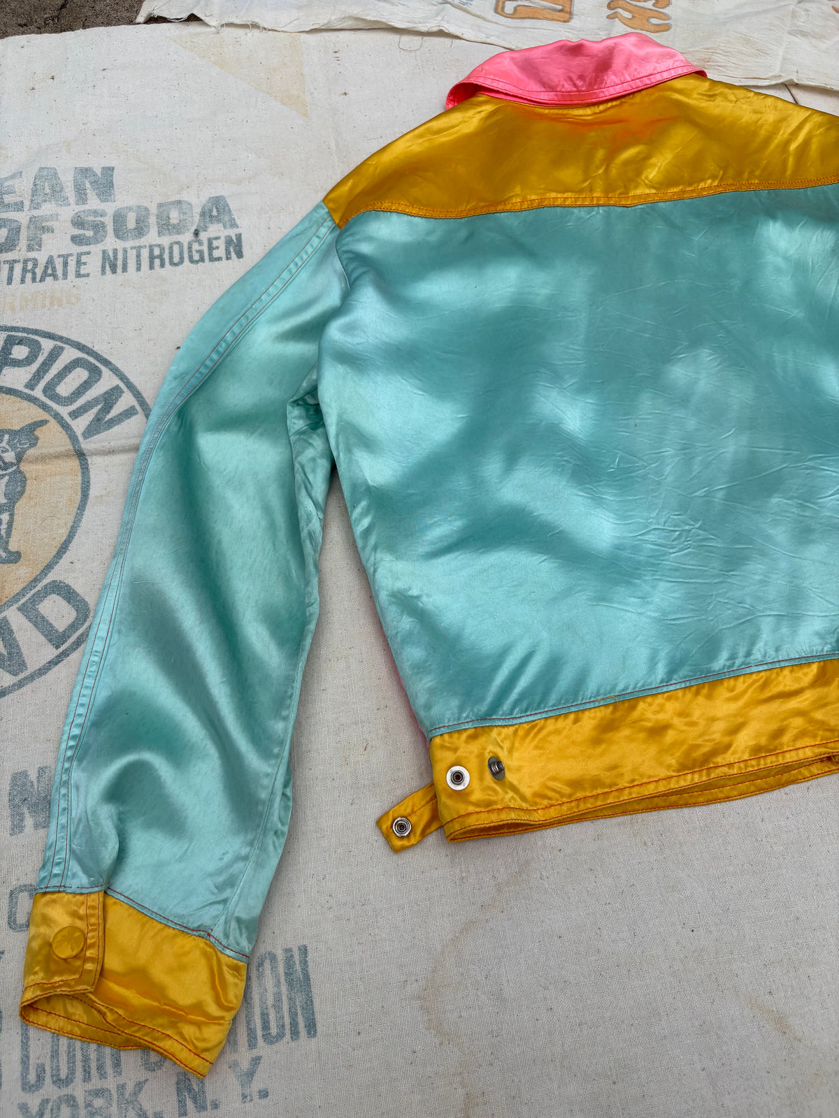 1960s 1970s Elaine Post Satin Colorblock Motorcycle Jacket Large