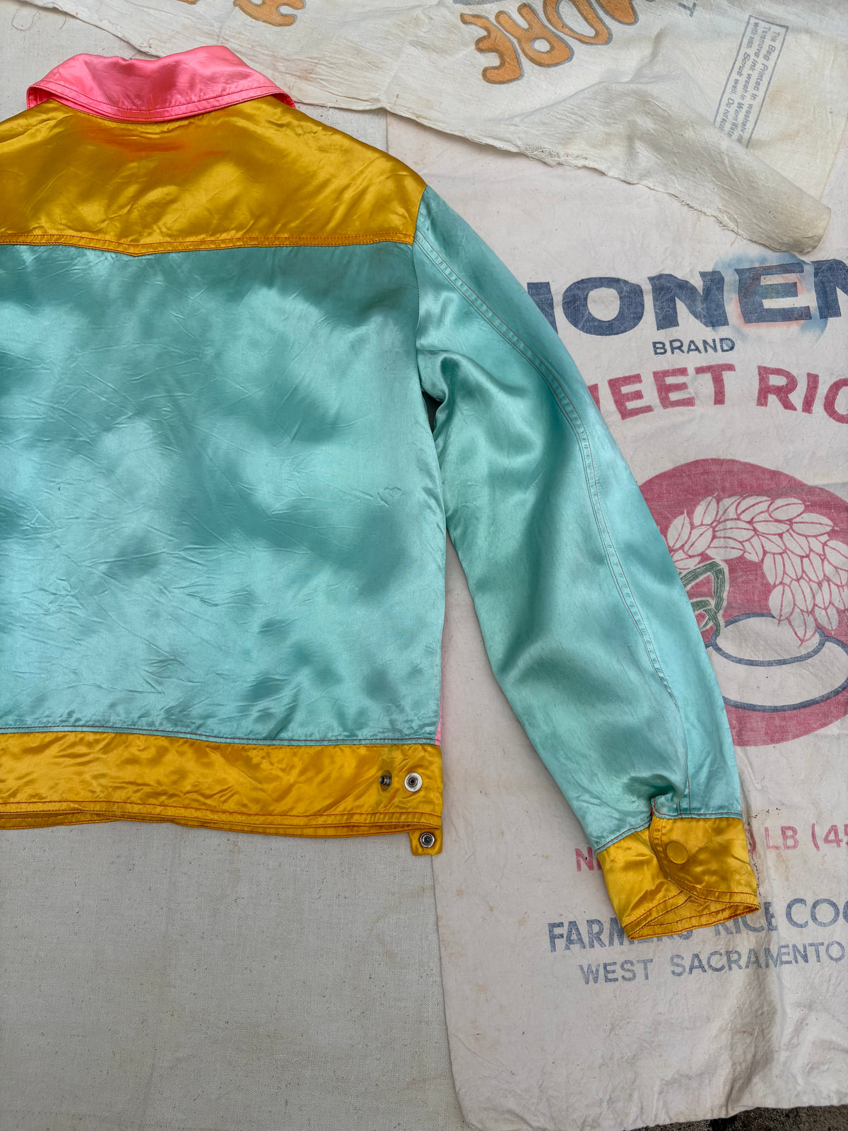 1960s 1970s Elaine Post Satin Colorblock Motorcycle Jacket Large