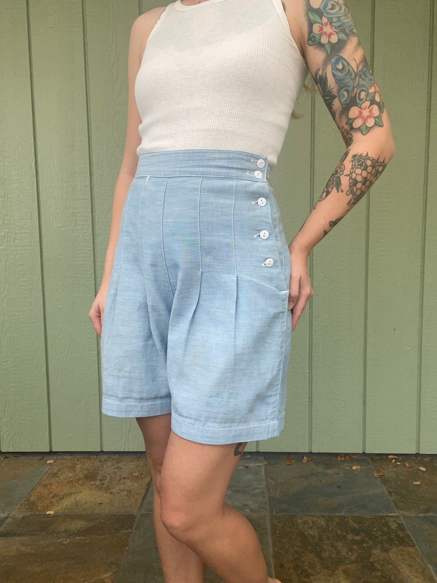 1940s Chambray US Air Force side button shorts