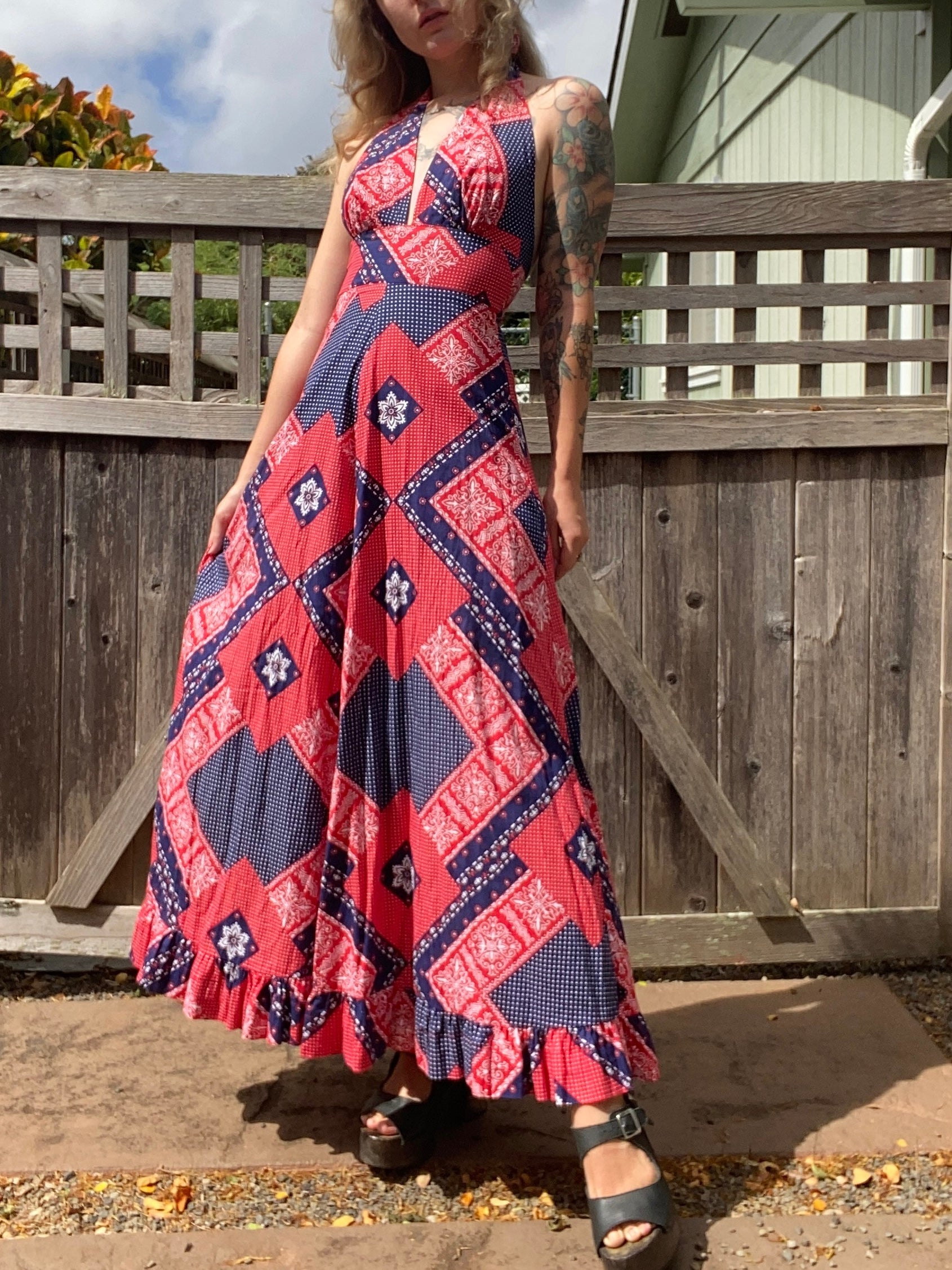 1970s Red White & Blue Bandana Halter Maxi Dress Fringe Fox Vintage 1970s Red White & Blue Bandana Halter Maxi Dress Fringe Fox Vintage
