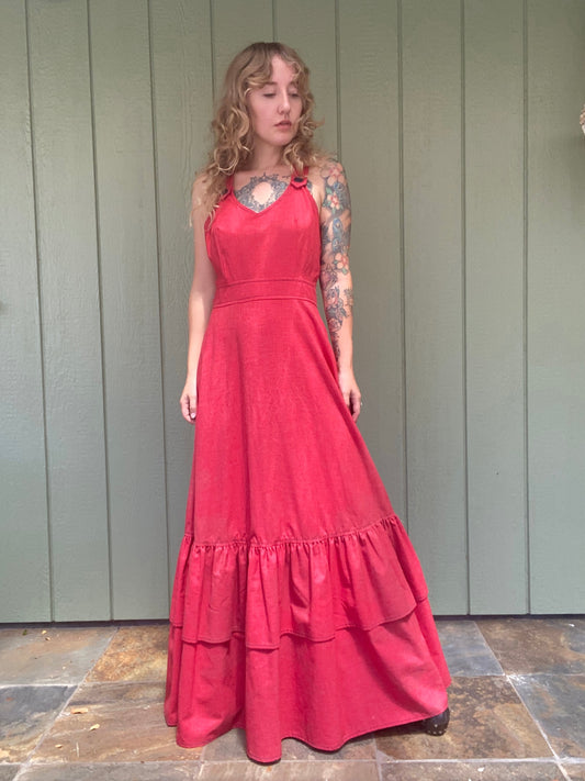 1970s Vicky Vaughn Red Chambray Maxi Dress