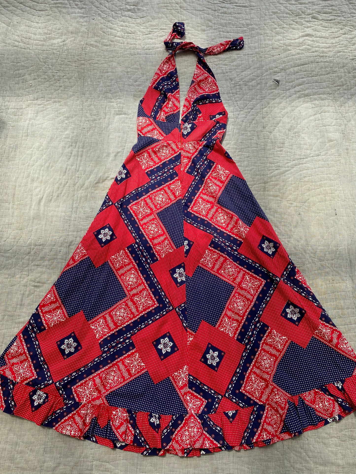 1970s Red White & Blue Bandana Halter Maxi Dress