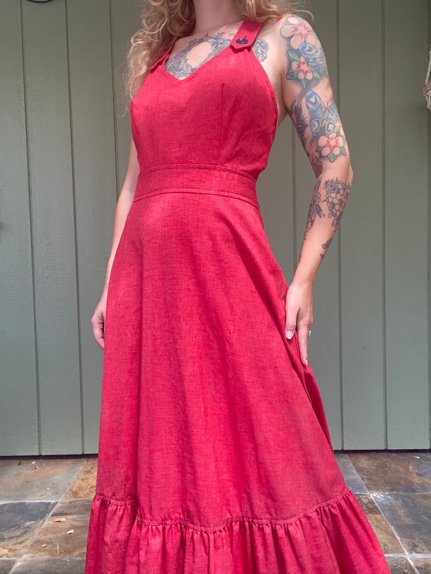 1970s Vicky Vaughn Red Chambray Maxi Dress