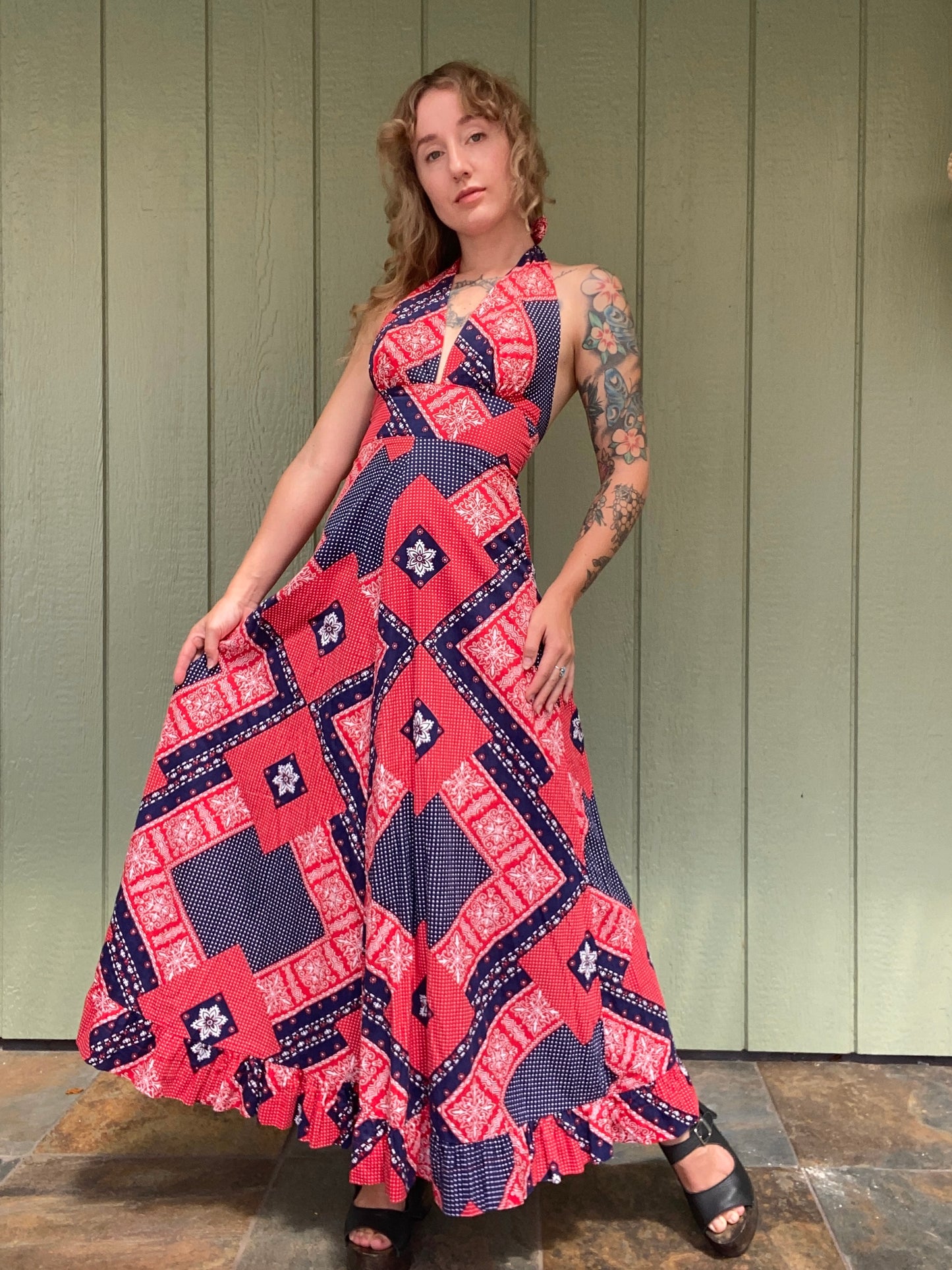 1970s Red White & Blue Bandana Halter Maxi Dress