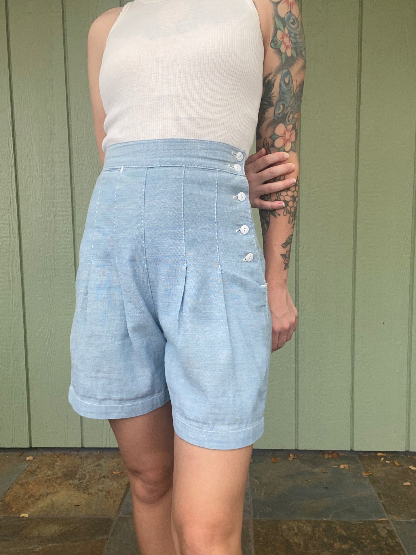 1940s Chambray US Air Force side button shorts