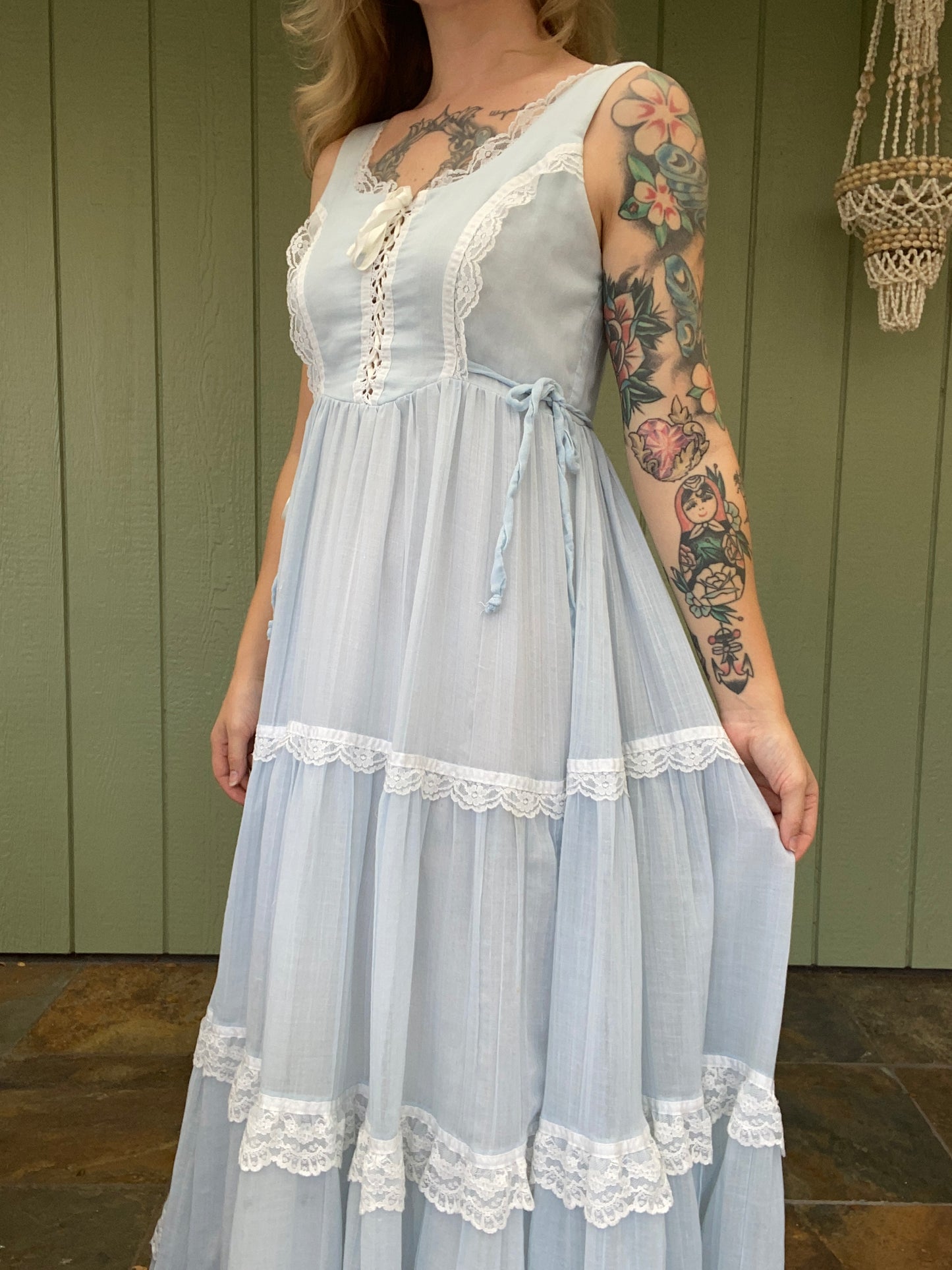 1970s Gunne Sax Gauze Corset Prairie Dress