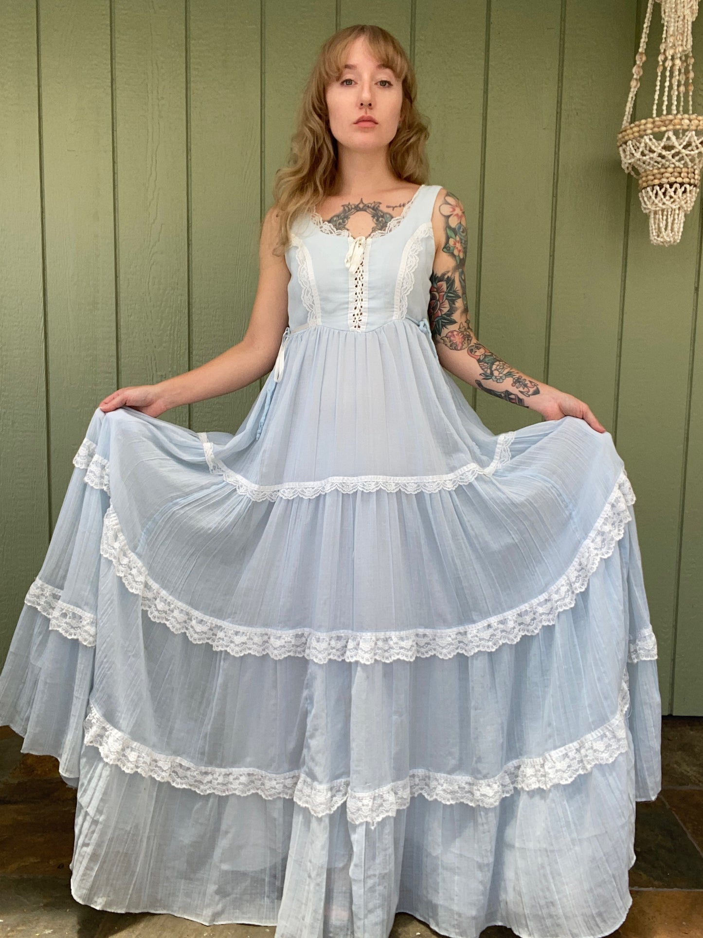 1970s Gunne Sax Gauze Corset Prairie Dress