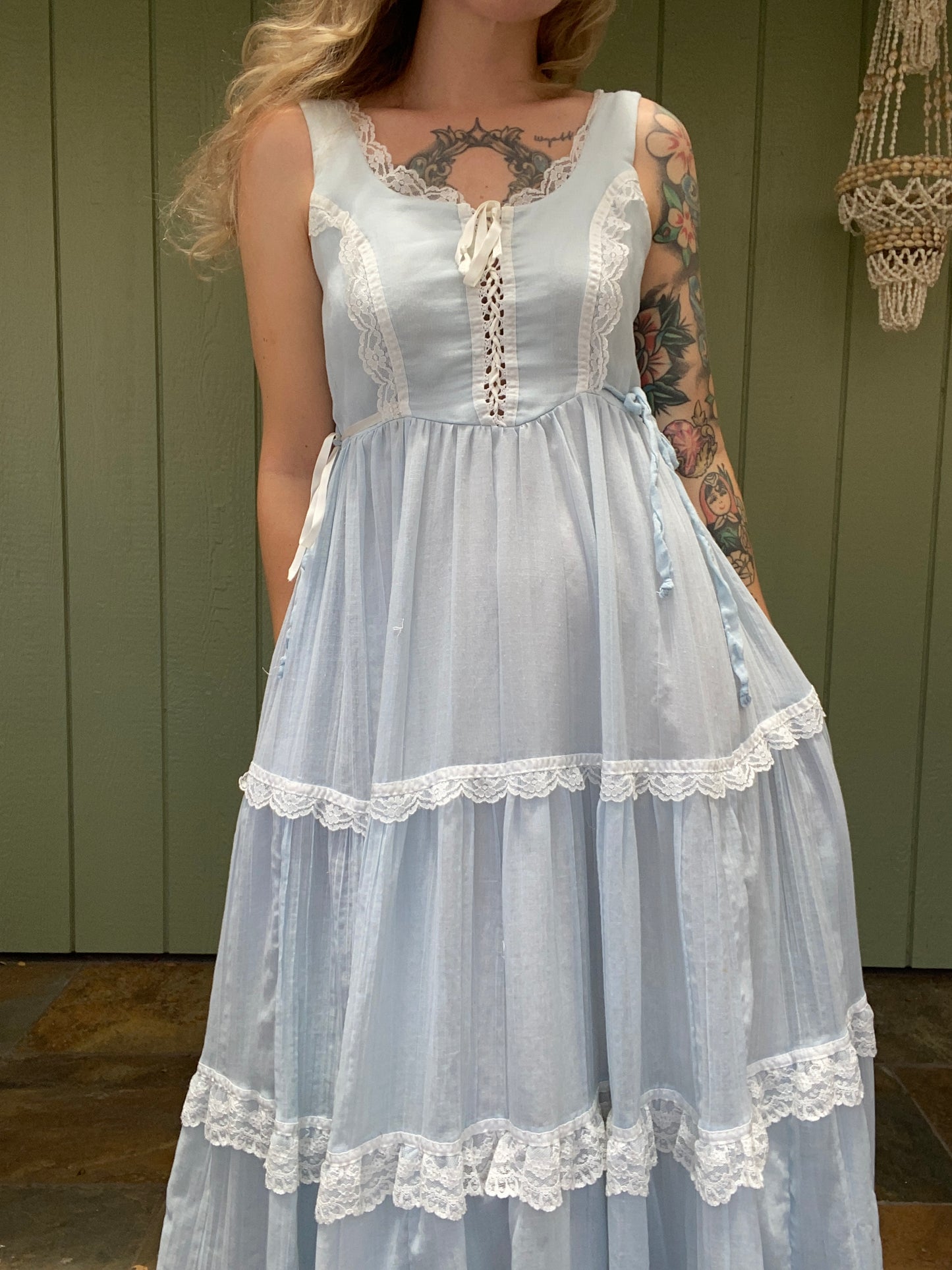 1970s Gunne Sax Gauze Corset Prairie Dress