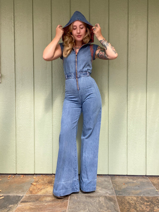 1970s Hooded Denim Jumpsuit