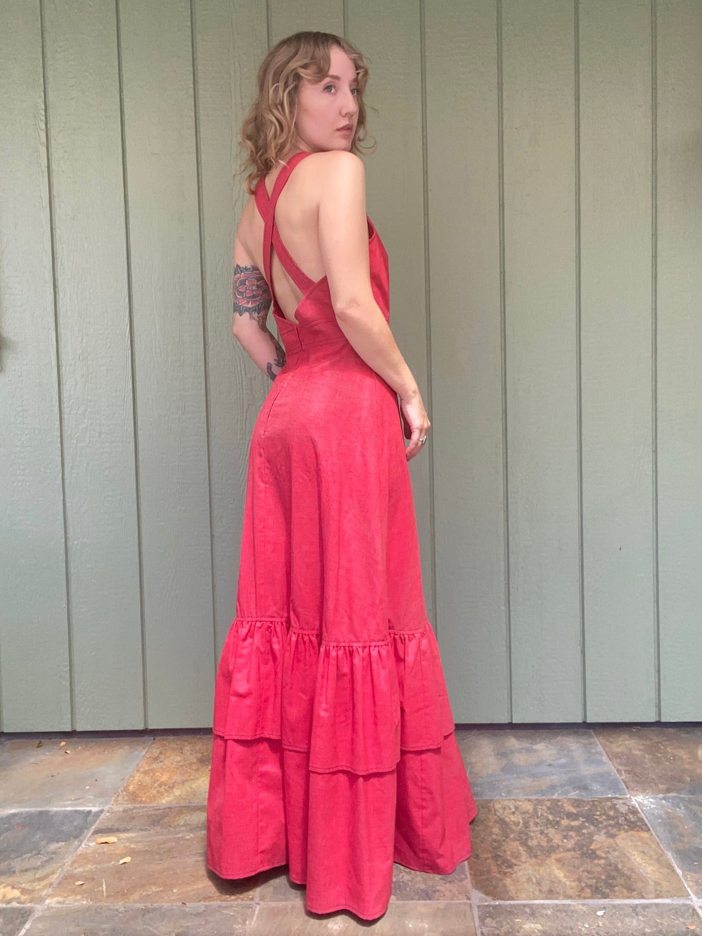 1970s Vicky Vaughn Red Chambray Maxi Dress