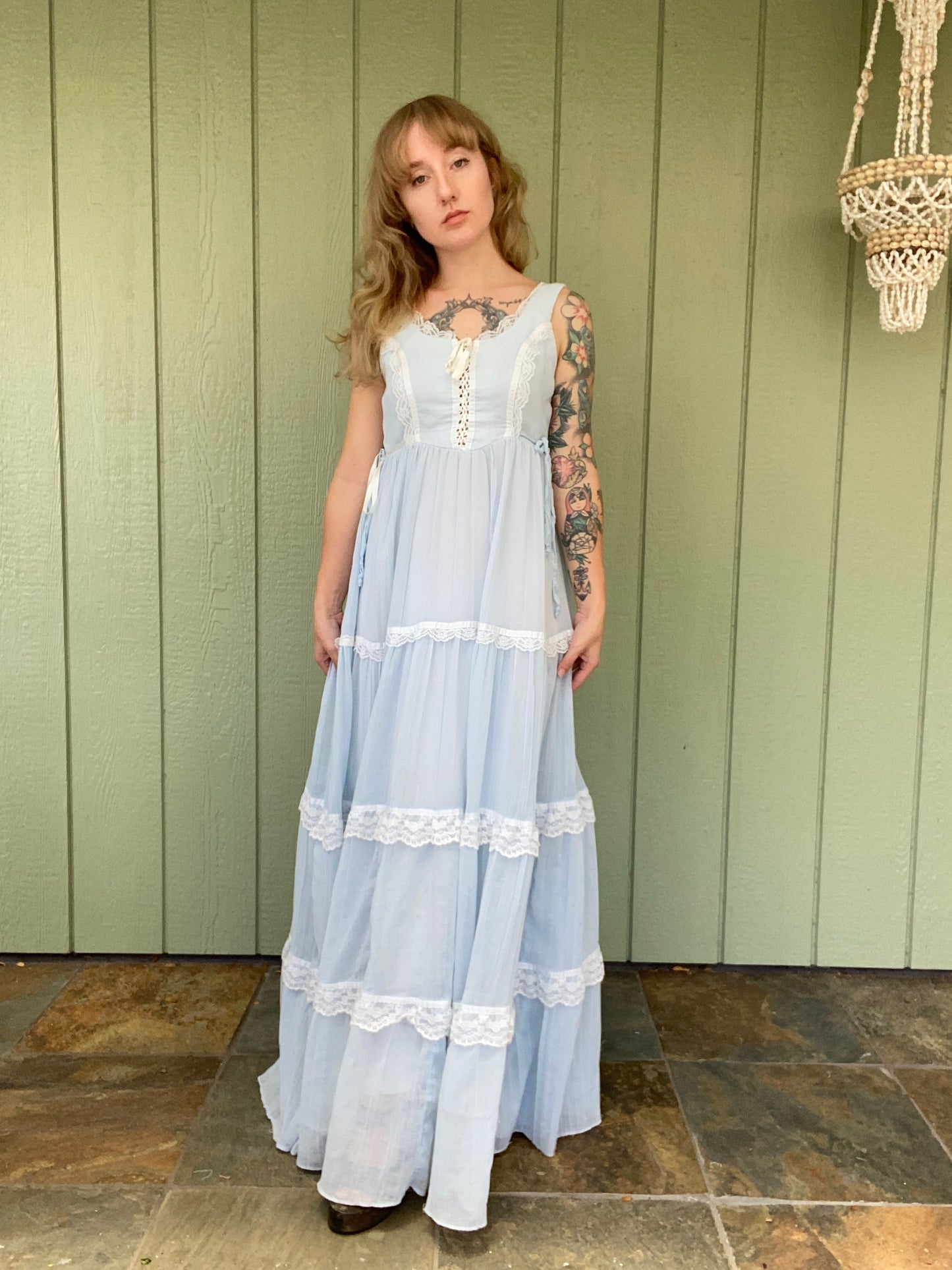 1970s Gunne Sax Gauze Corset Prairie Dress