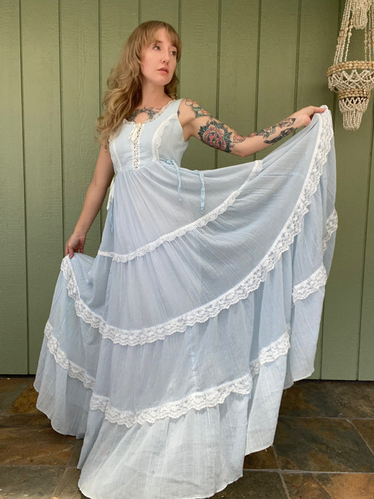 1970s Gunne Sax Gauze Corset Prairie Dress