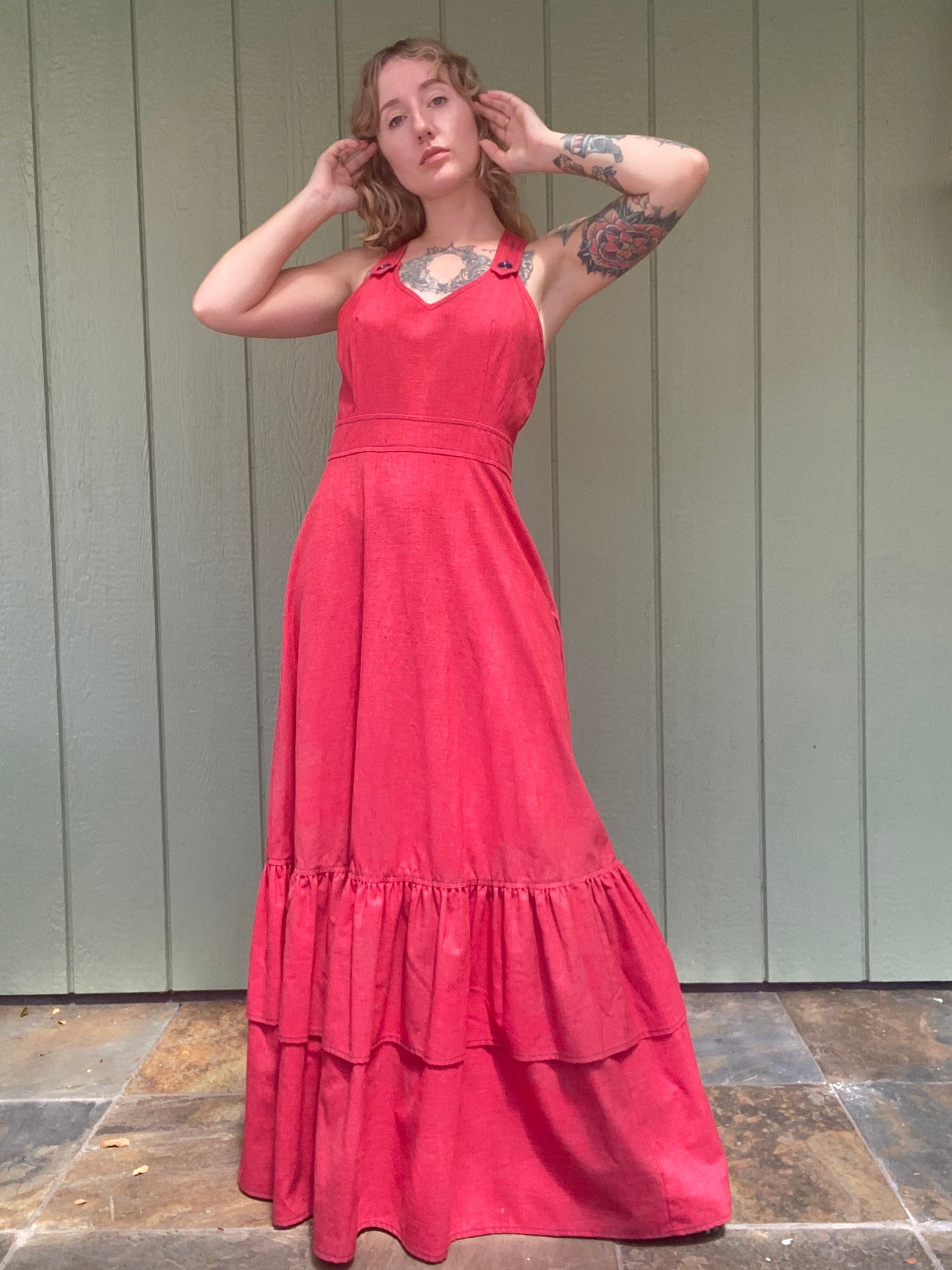 1970s Vicky Vaughn Red Chambray Maxi Dress