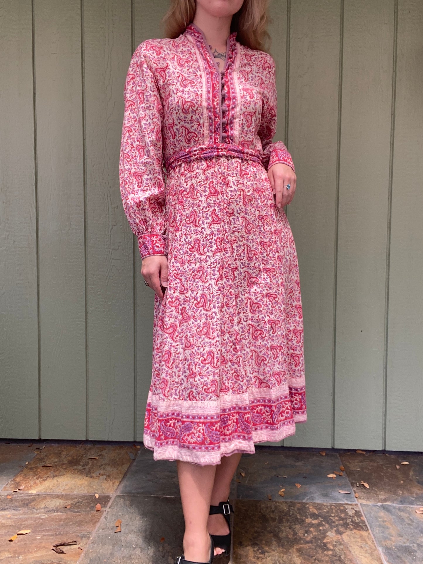 1970s Indian Cotton Paisley Block Print Dress