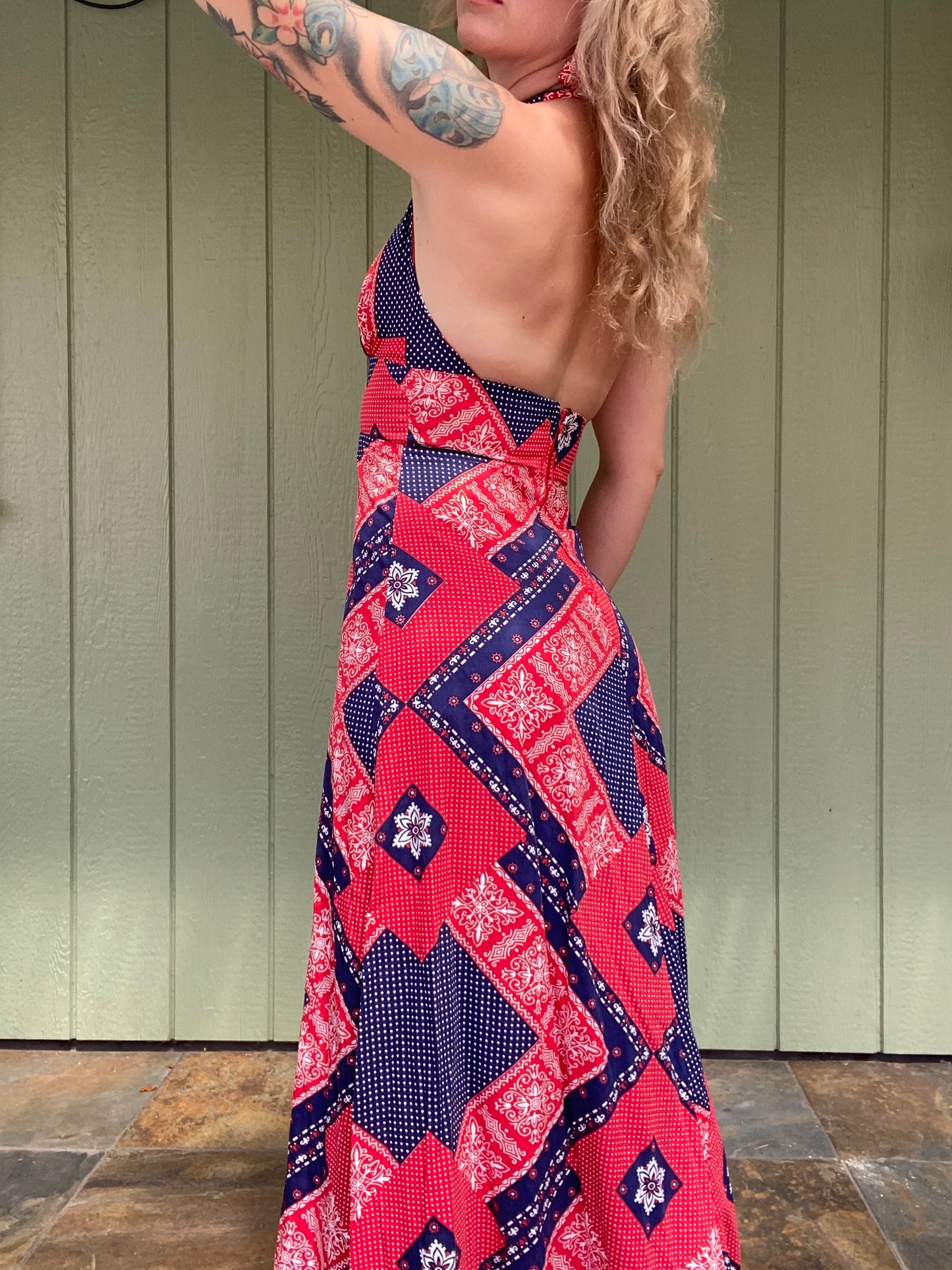 1970s Red White & Blue Bandana Halter Maxi Dress