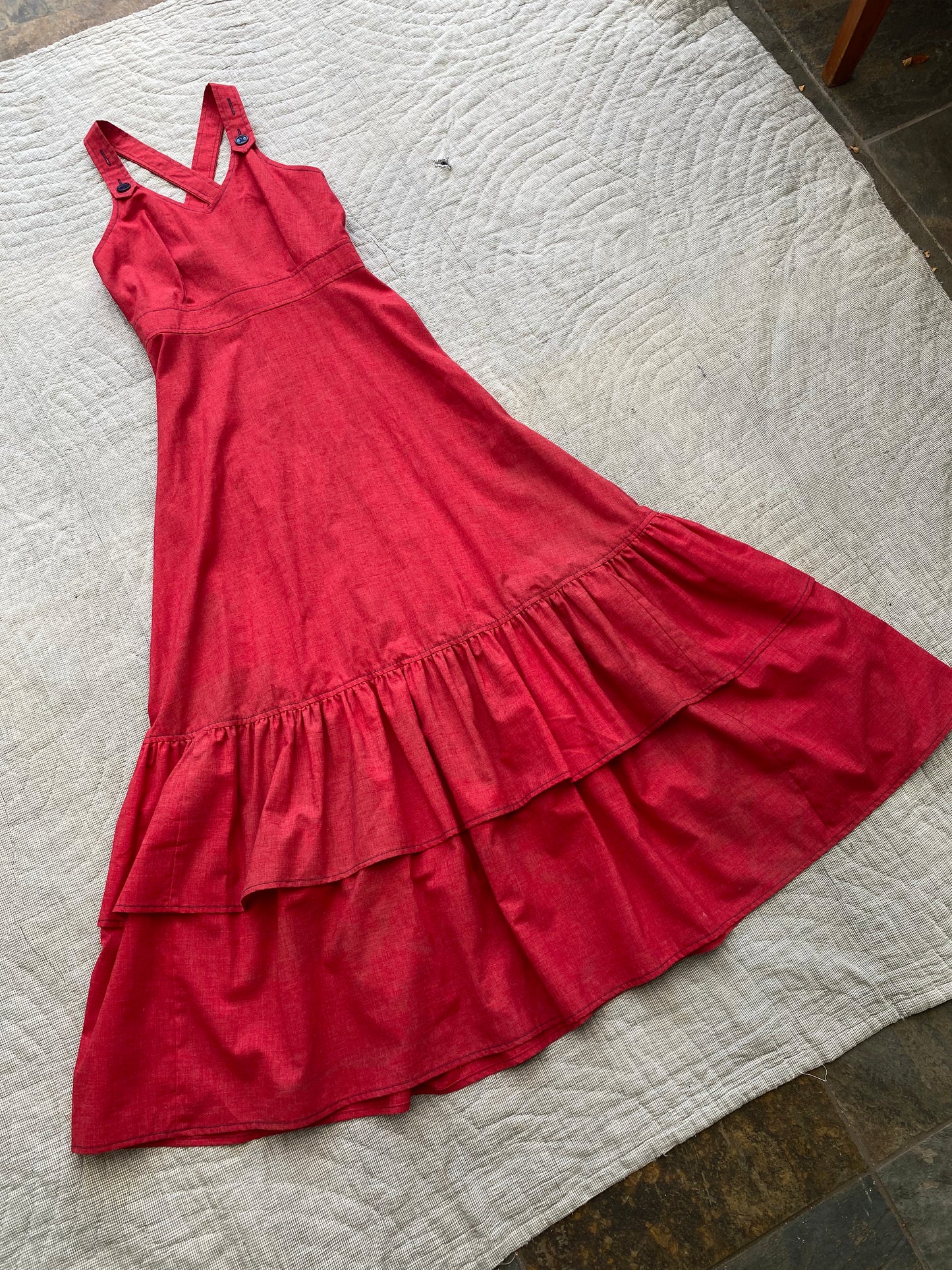 1970s Vicky Vaughn Red Chambray Maxi Dress