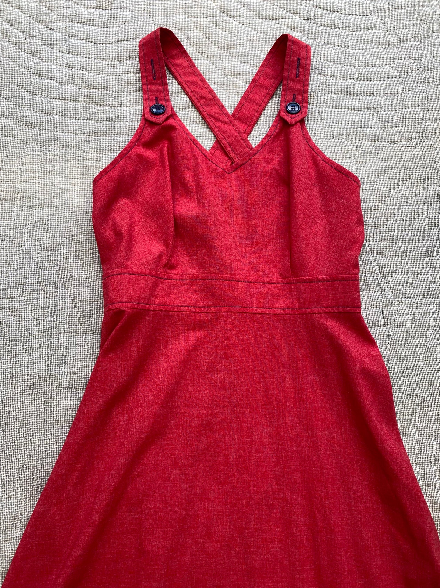 1970s Vicky Vaughn Red Chambray Maxi Dress