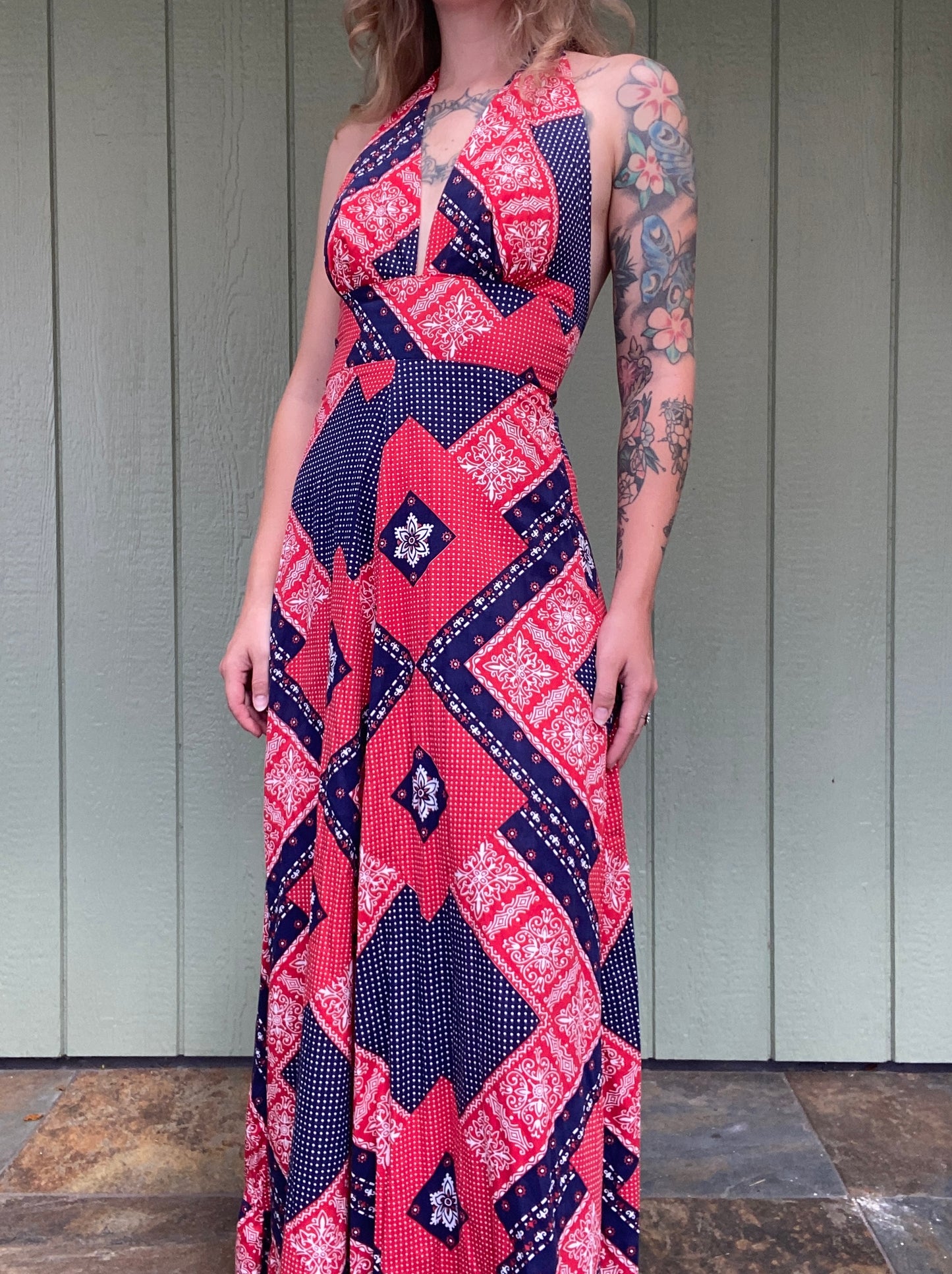 1970s Red White & Blue Bandana Halter Maxi Dress