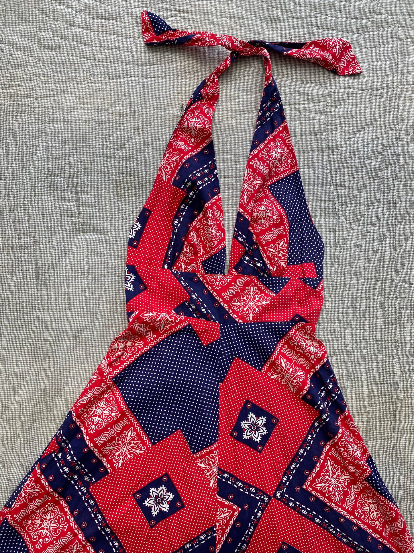 1970s Red White & Blue Bandana Halter Maxi Dress