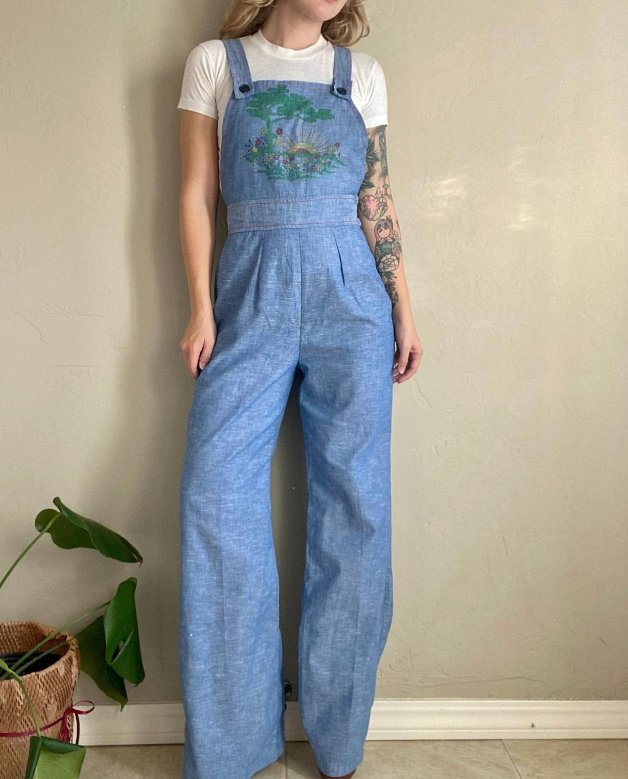 70s chambray denim overall jumpsuit 28" waist