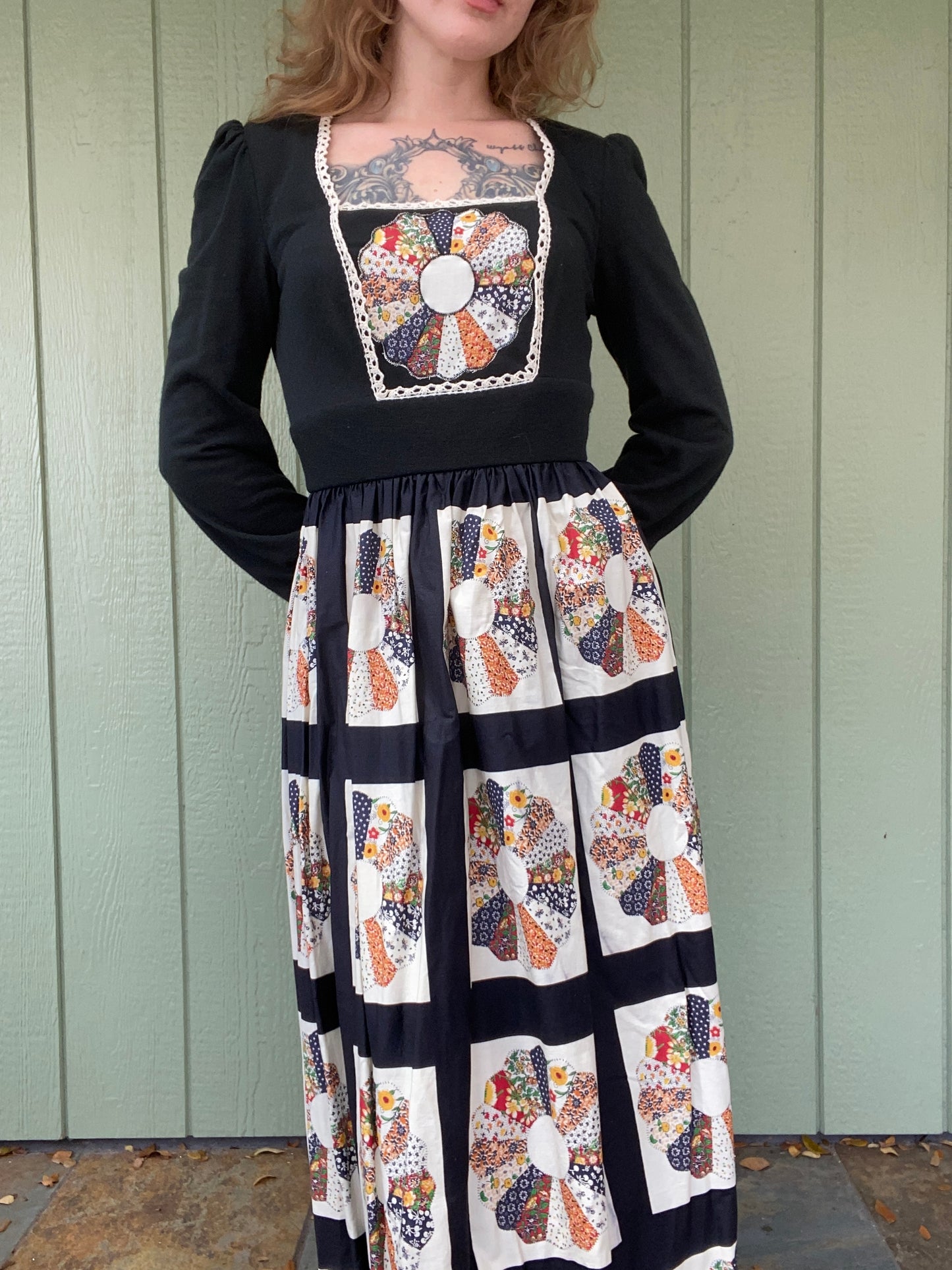 1970s Roberta of California Dresden Quilt Dress