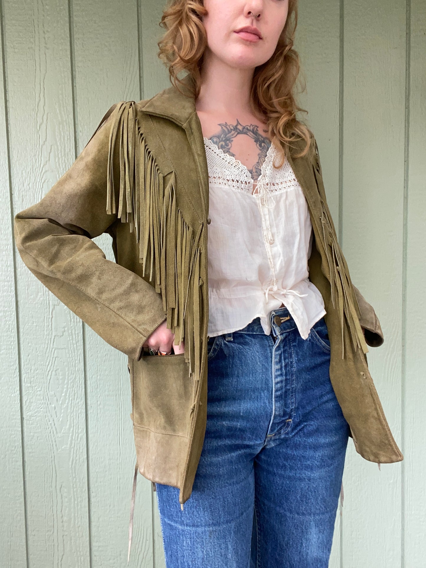 60s/70s green fringe leather suede jacket