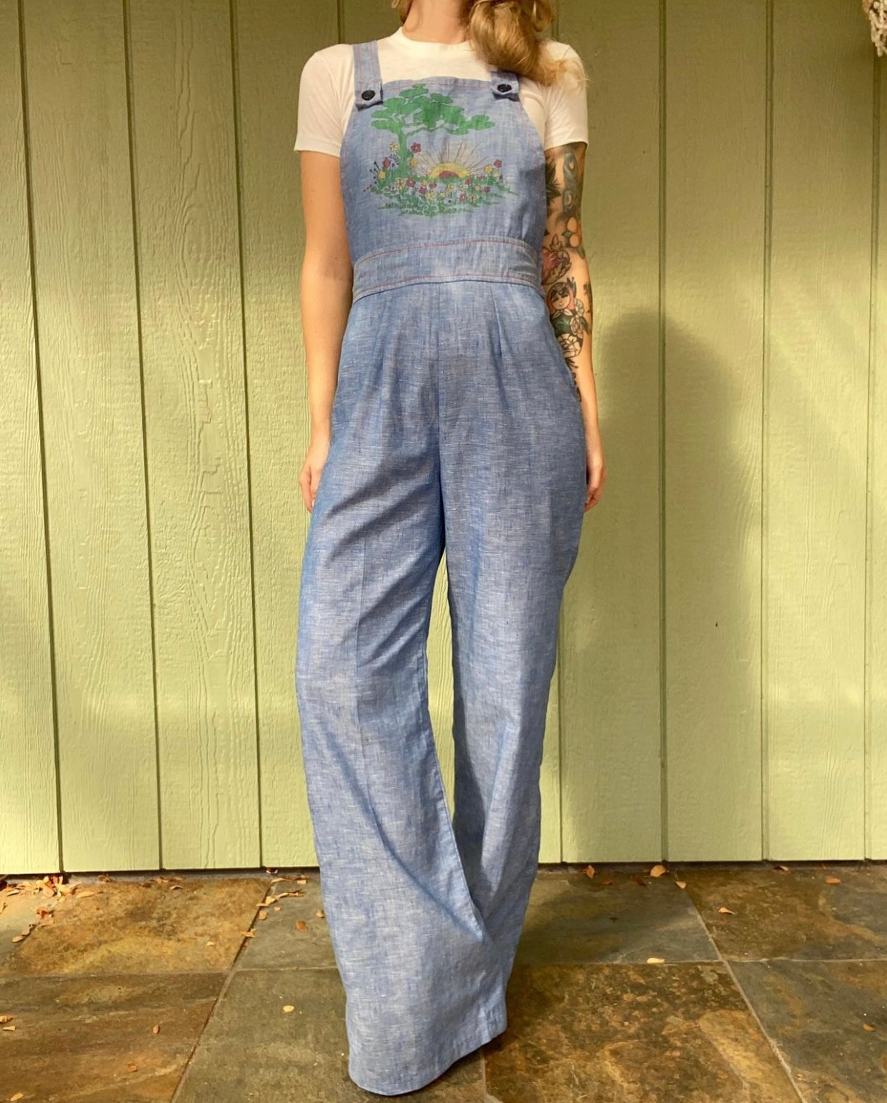 70s chambray denim overall jumpsuit 28" waist