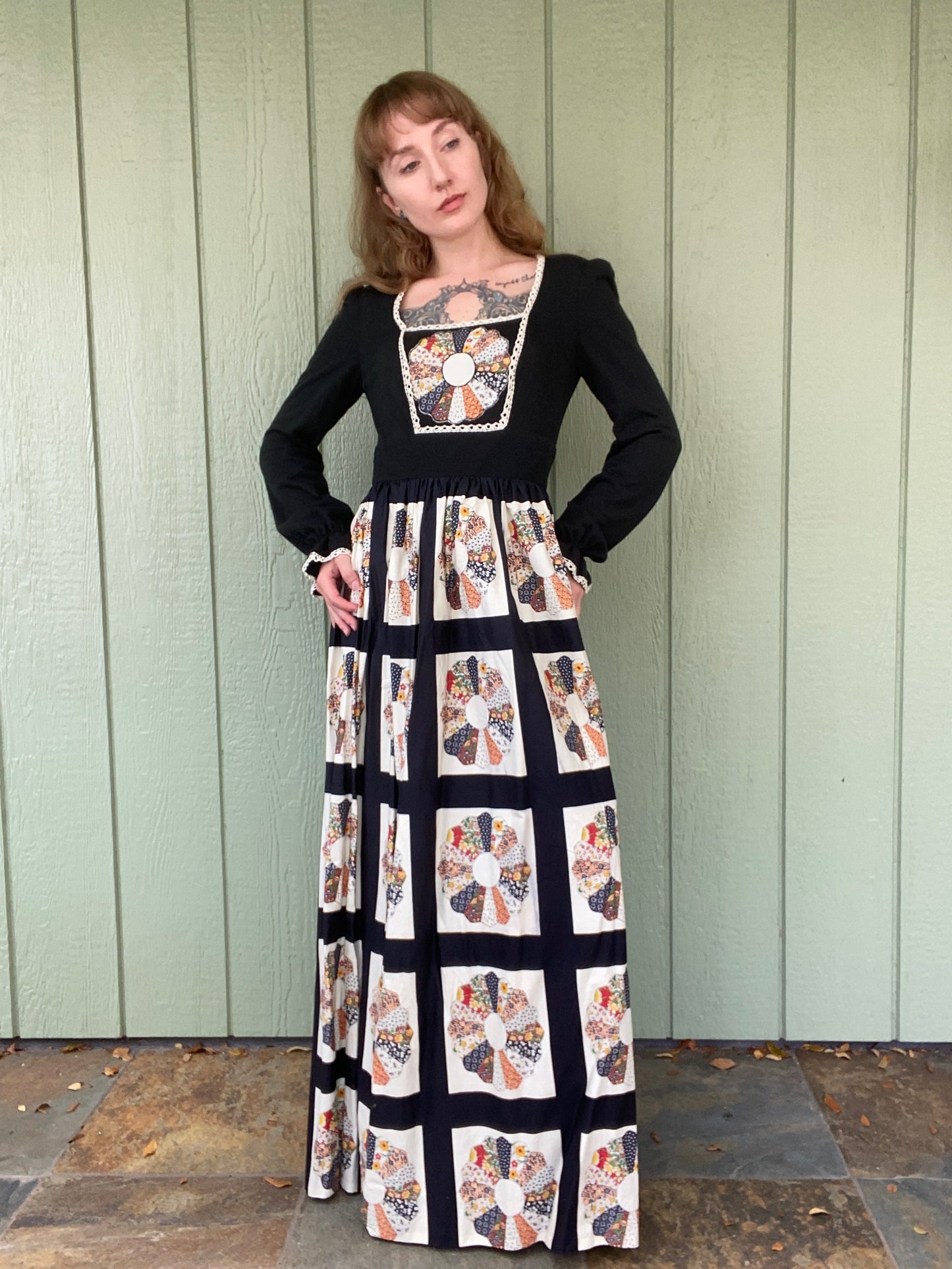 1970s Roberta of California Dresden Quilt Dress