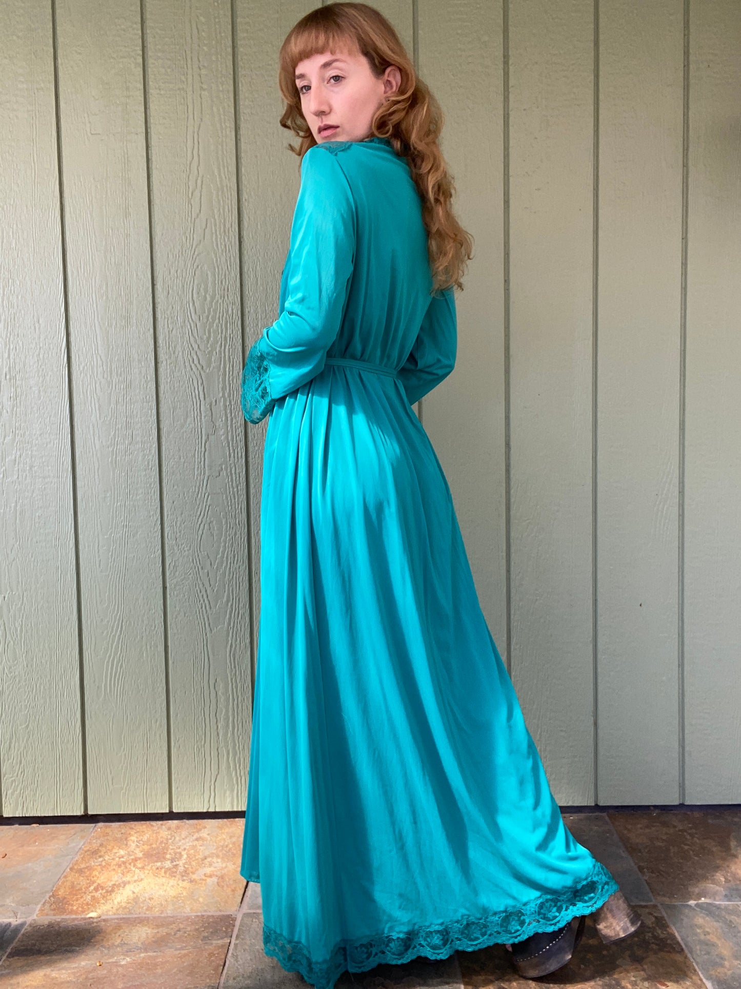 70s/80s Turquoise Olga Peignoir Grand Sweep Nightgown And Robe 9687 9702