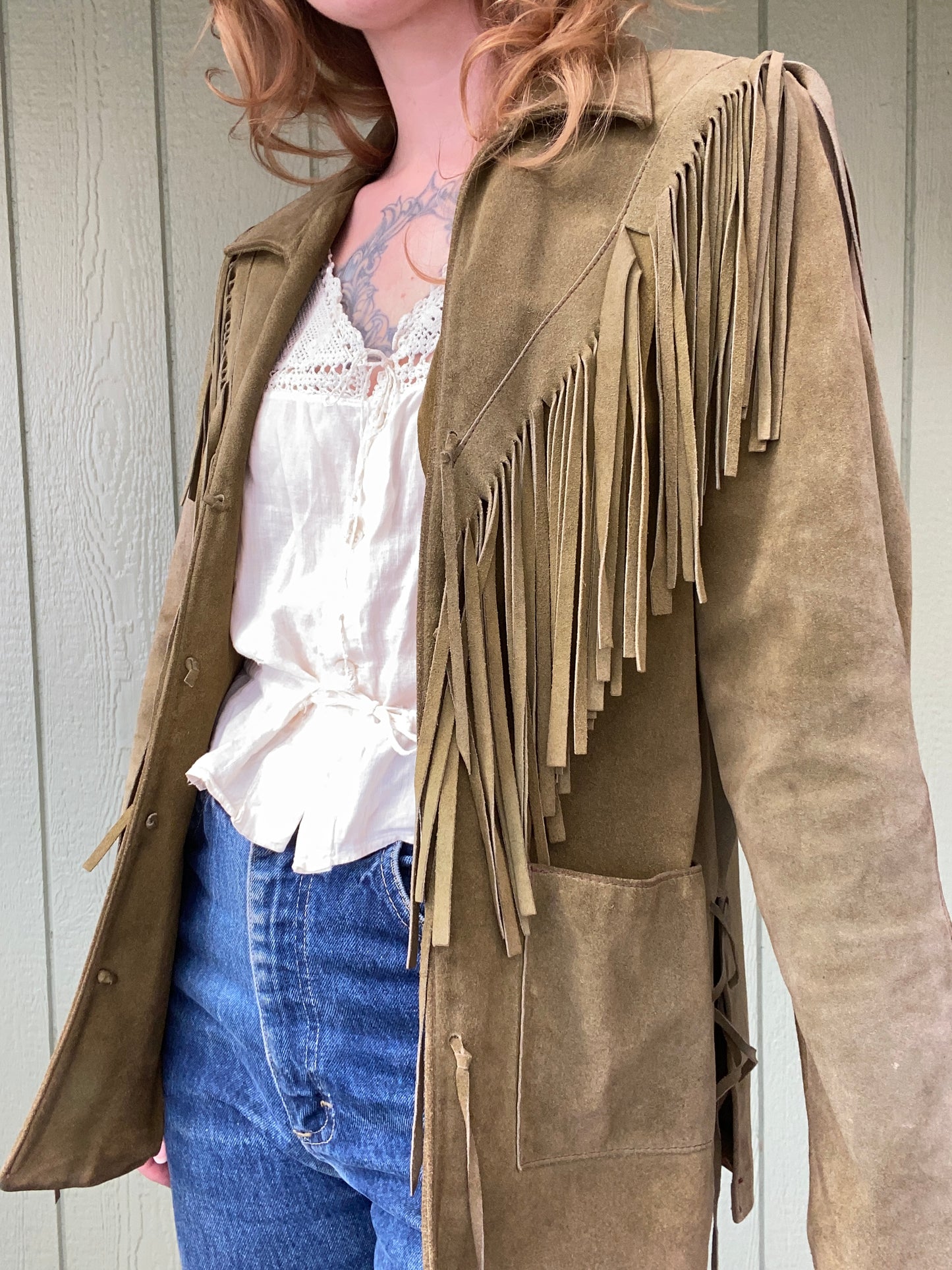 60s/70s green fringe leather suede jacket