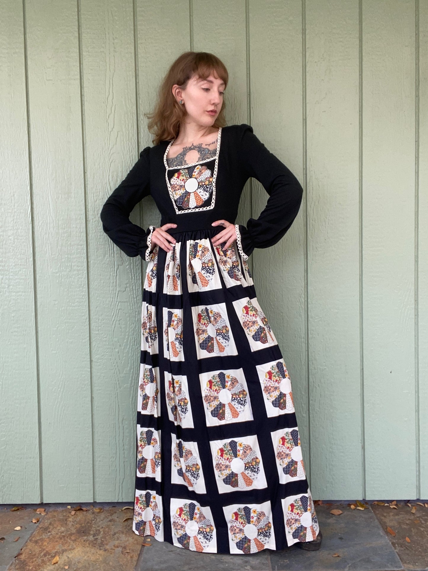 1970s Roberta of California Dresden Quilt Dress