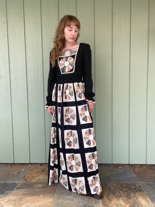 1970s Roberta of California Dresden Quilt Dress