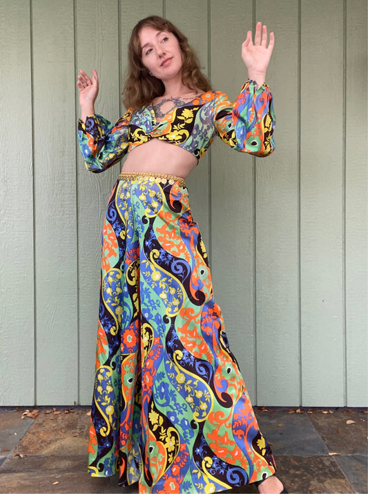 1960s Psychedelic Flower Power 2 piece Palazzo Pant Set