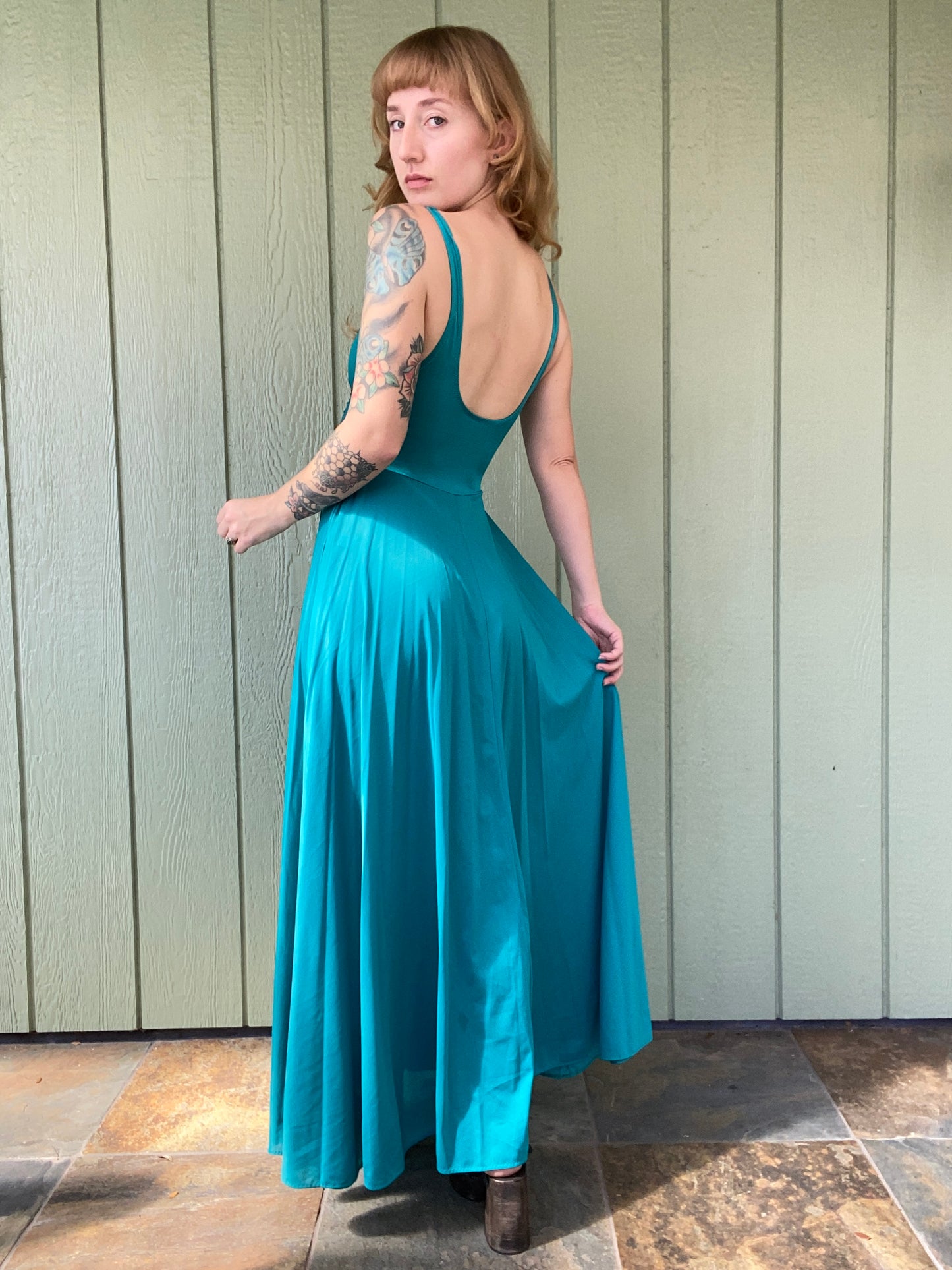 70s/80s Turquoise Olga Peignoir Grand Sweep Nightgown And Robe 9687 9702