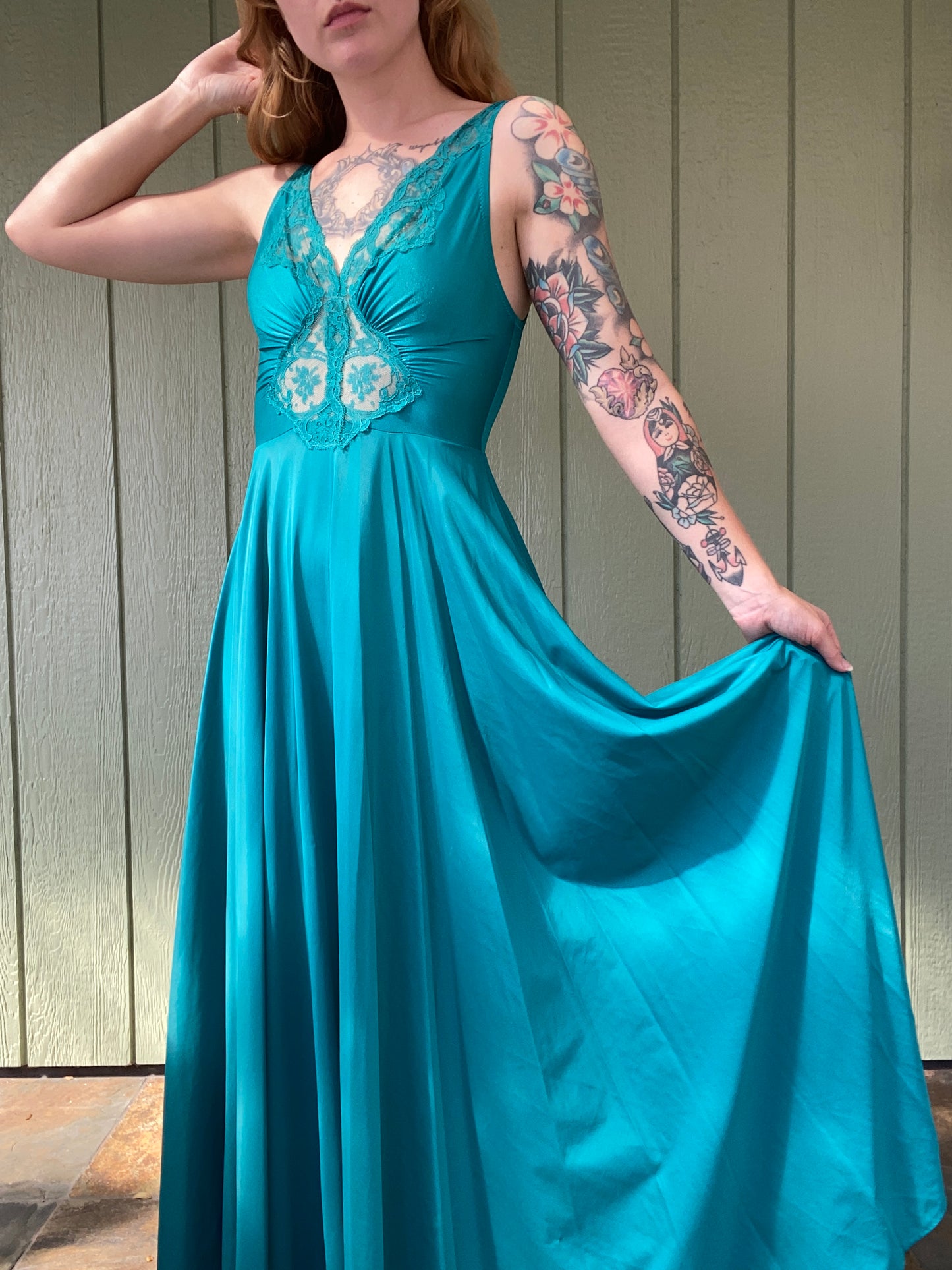 70s/80s Turquoise Olga Peignoir Grand Sweep Nightgown And Robe 9687 9702