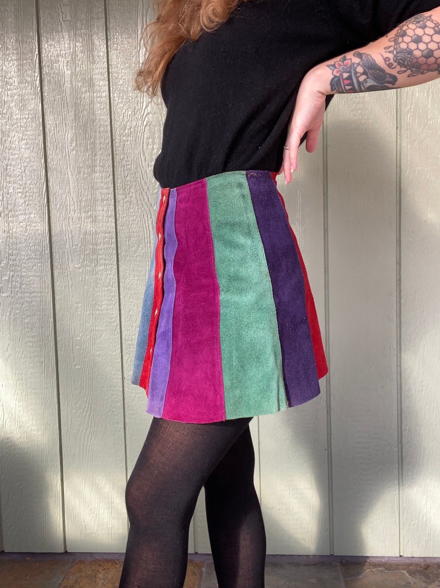 60s 70s colorblock panel suede mini skirt 26” waist