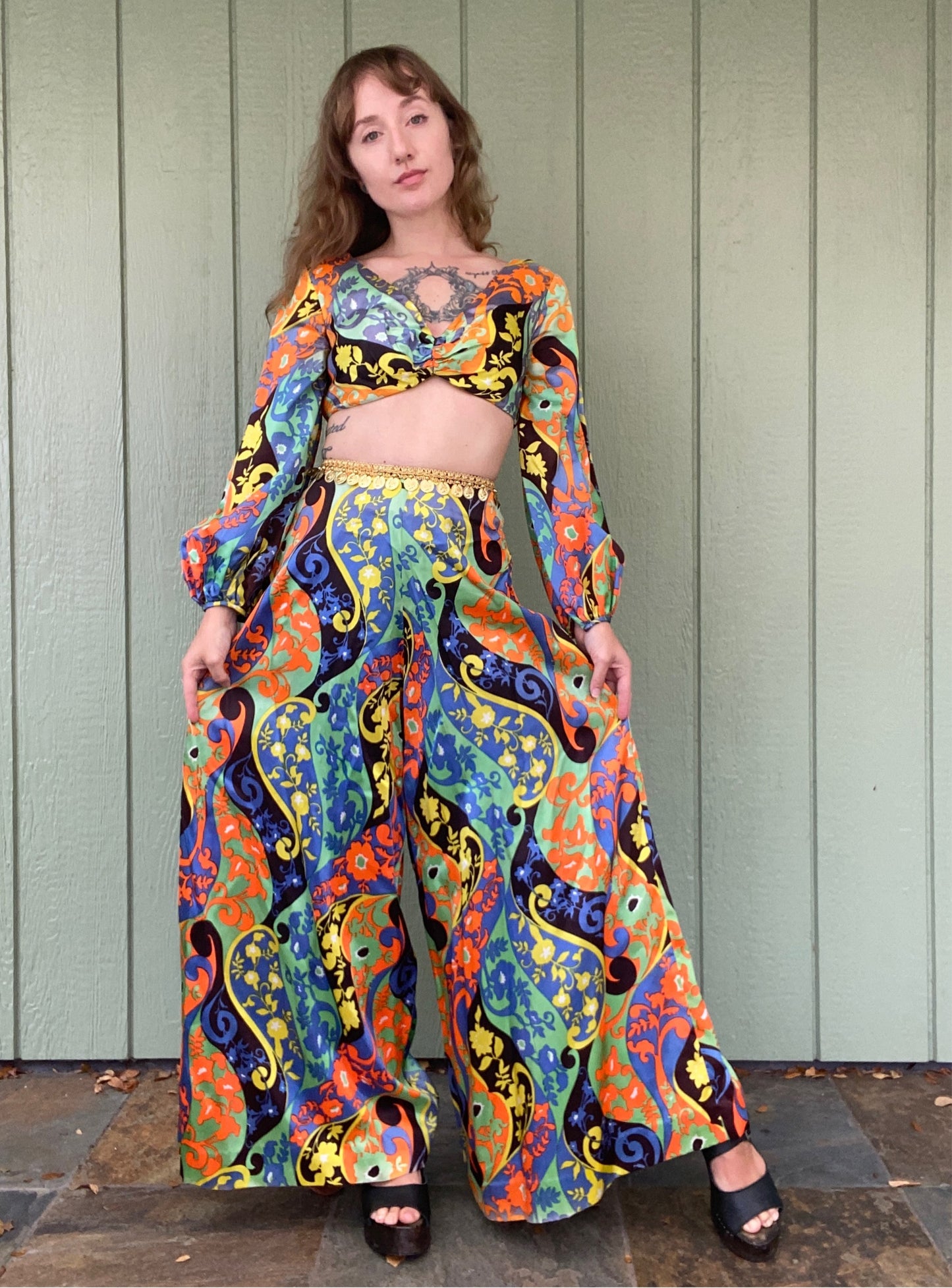 1960s Psychedelic Flower Power 2 piece Palazzo Pant Set